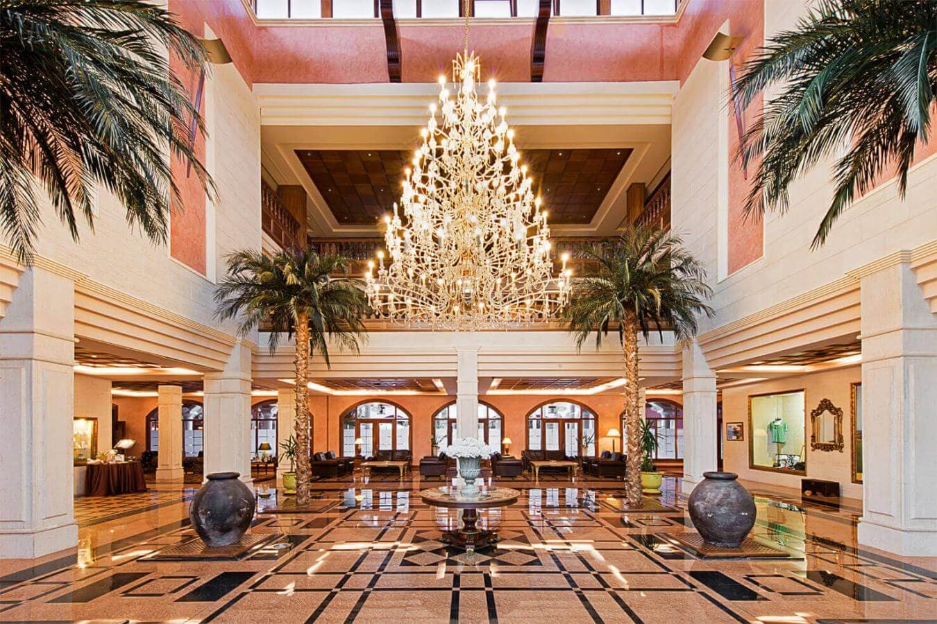 Reception area with a grand chandler in the centre