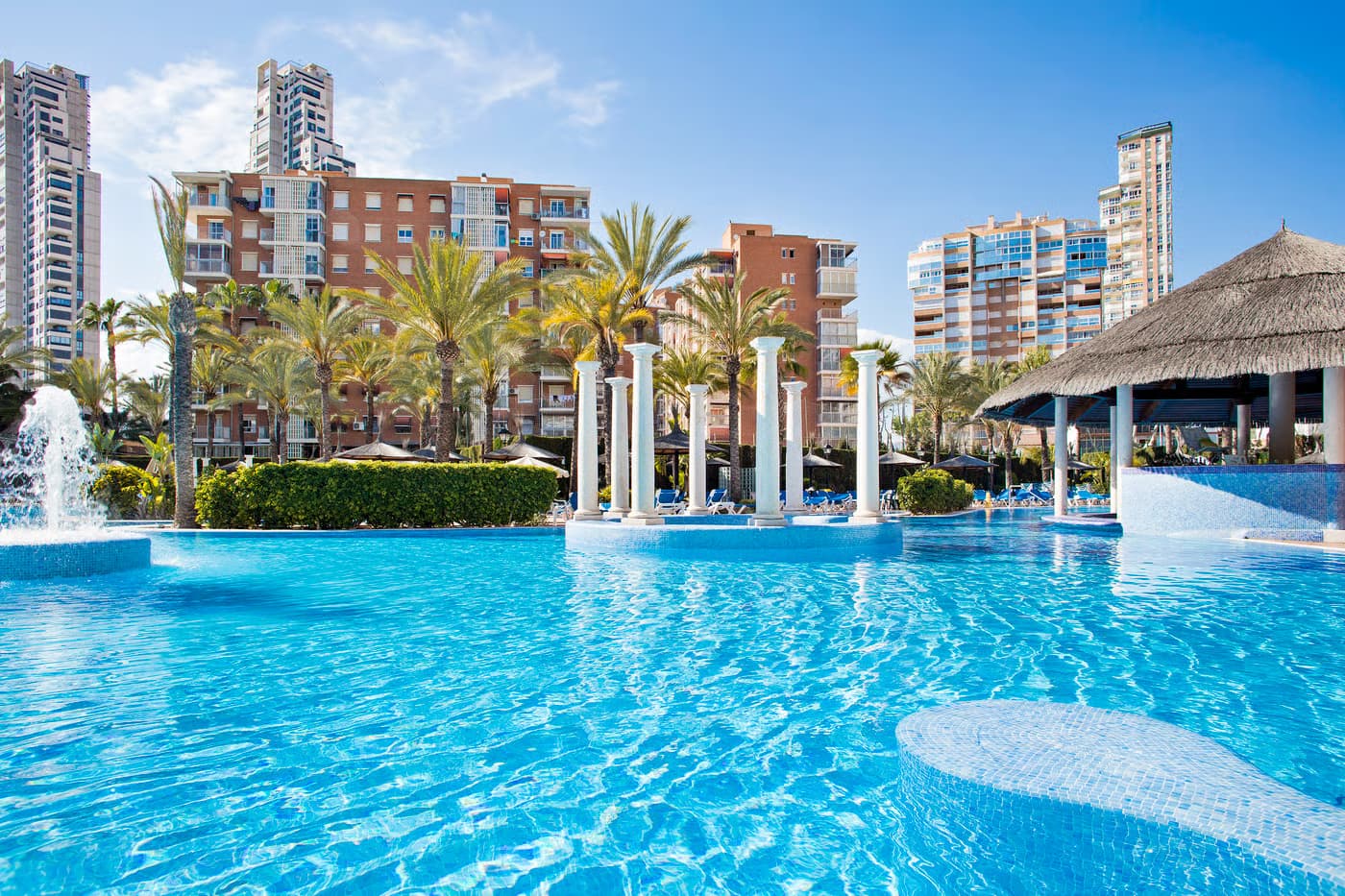 Panoramic view of the outdoor swimming pool at Hotel Sol Pelicanos Ocas
