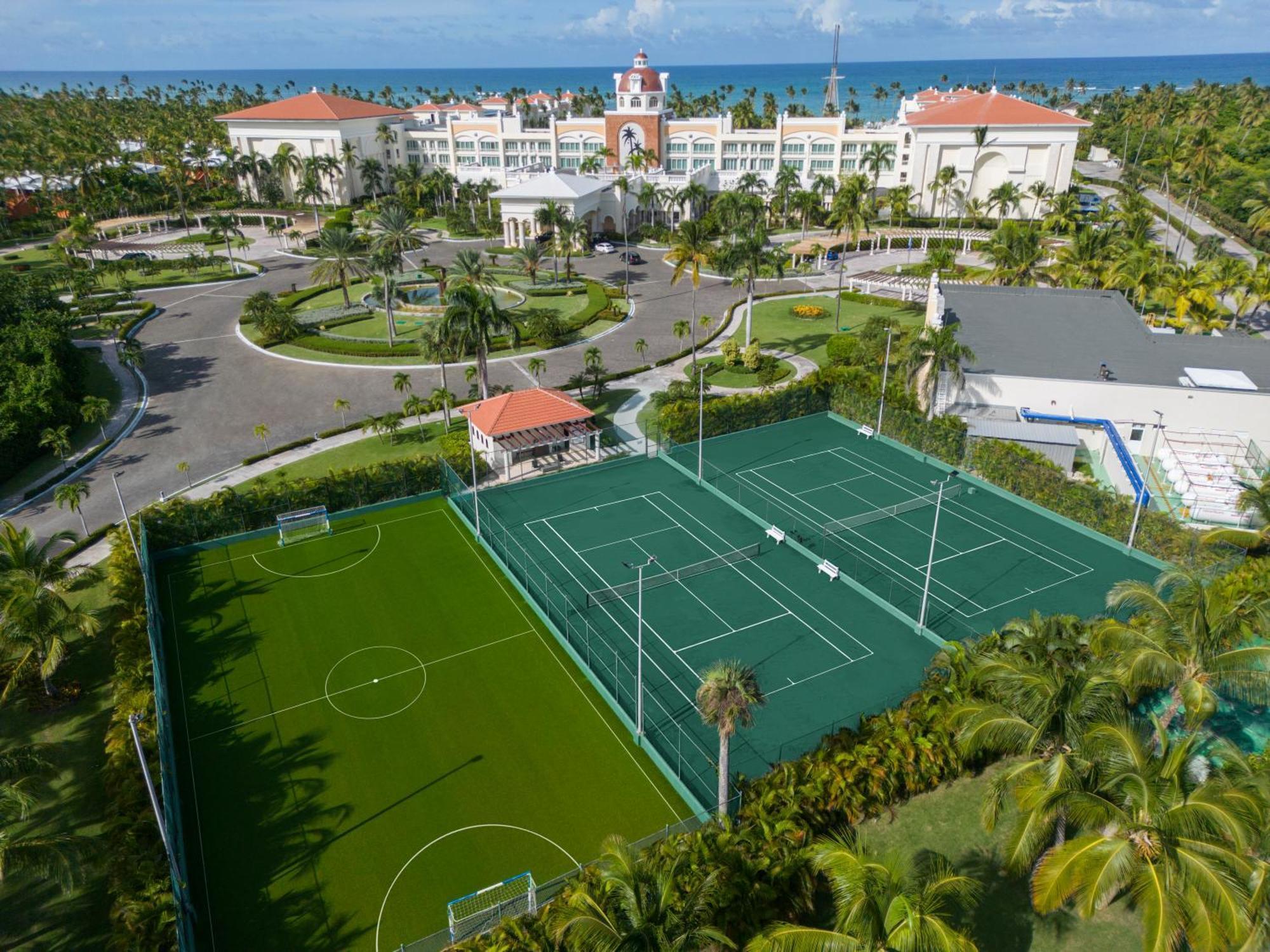 Overhead view of tennis & football facilities at Iberostar Grand Hotel Bávaro