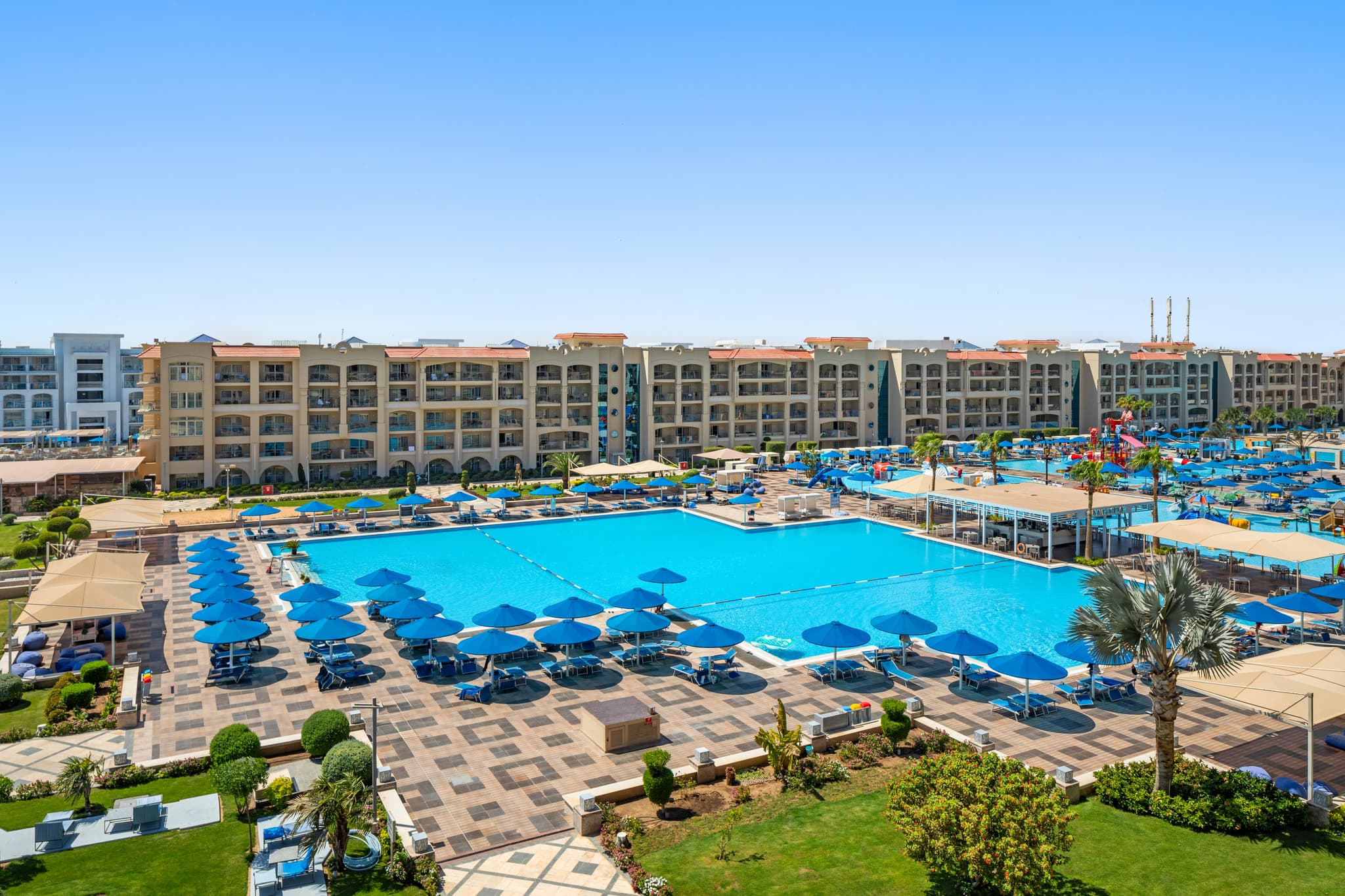 Overhead view of the outdoor swimming pool at White Beach Resort Taghazout