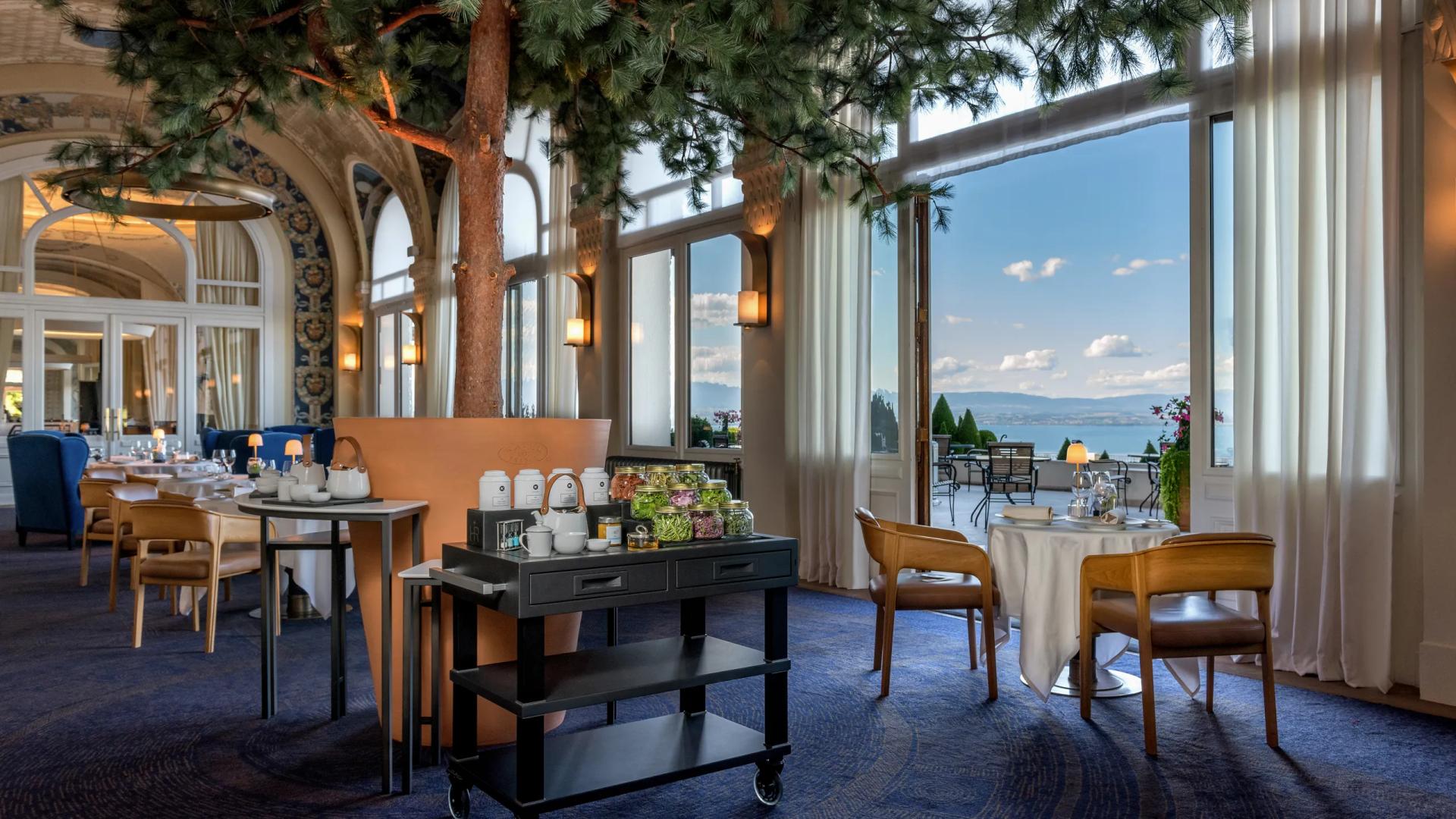 Indoor dining room at Hotel Royal Evian Resort