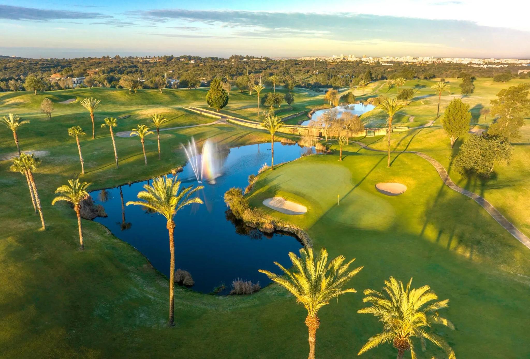 Golf course surrounding lake with palm trees