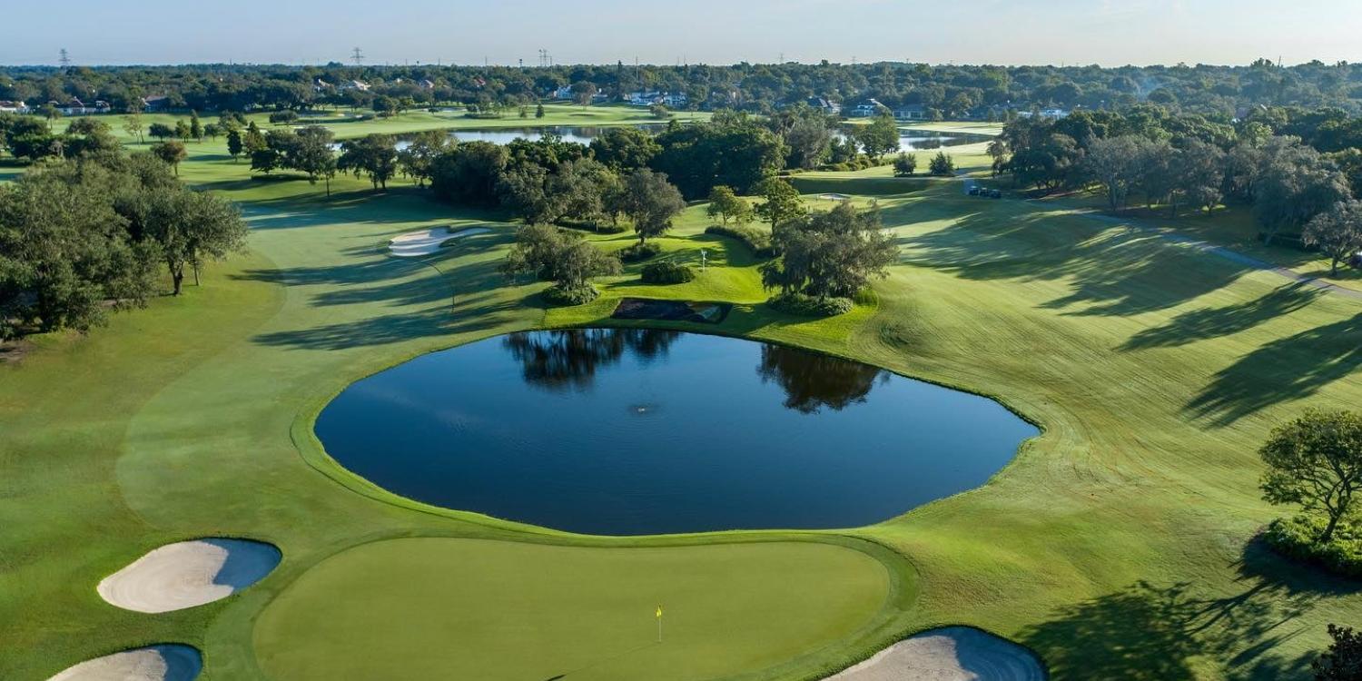 Overhead view of a water hazard at the Arnold Palmer course
