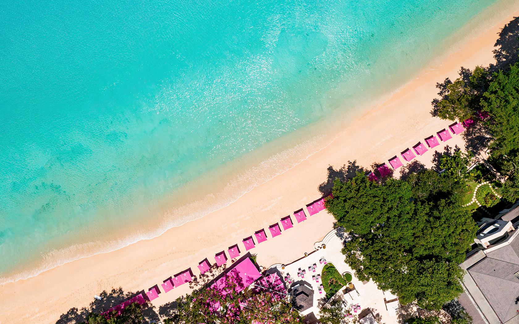 Birdseye view of the private beach at Sandy Lane Resort