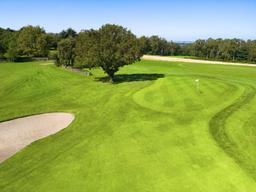 Well maintained fairway nestled with a sand bunker