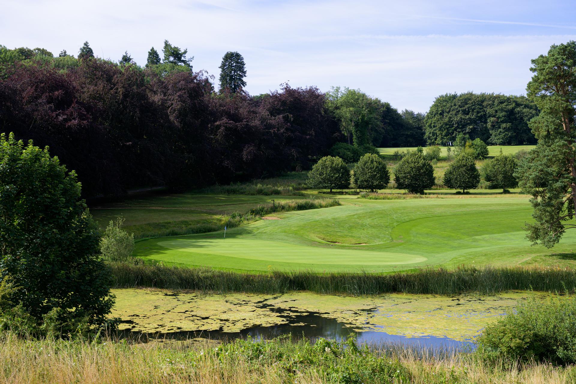 Overhead view of a well maintained fairway next to a water hazard