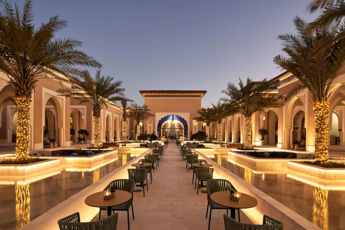 The Rixos Premium Saadiyat Island lit up at night