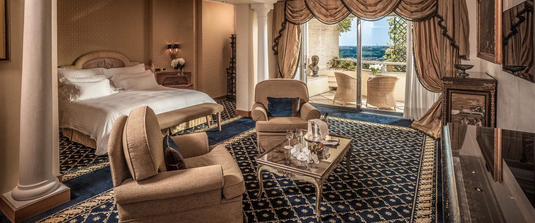 Luxurious spacious double bed room with a balcony at Rome Cavalieri, A Waldorf Astoria Hotel