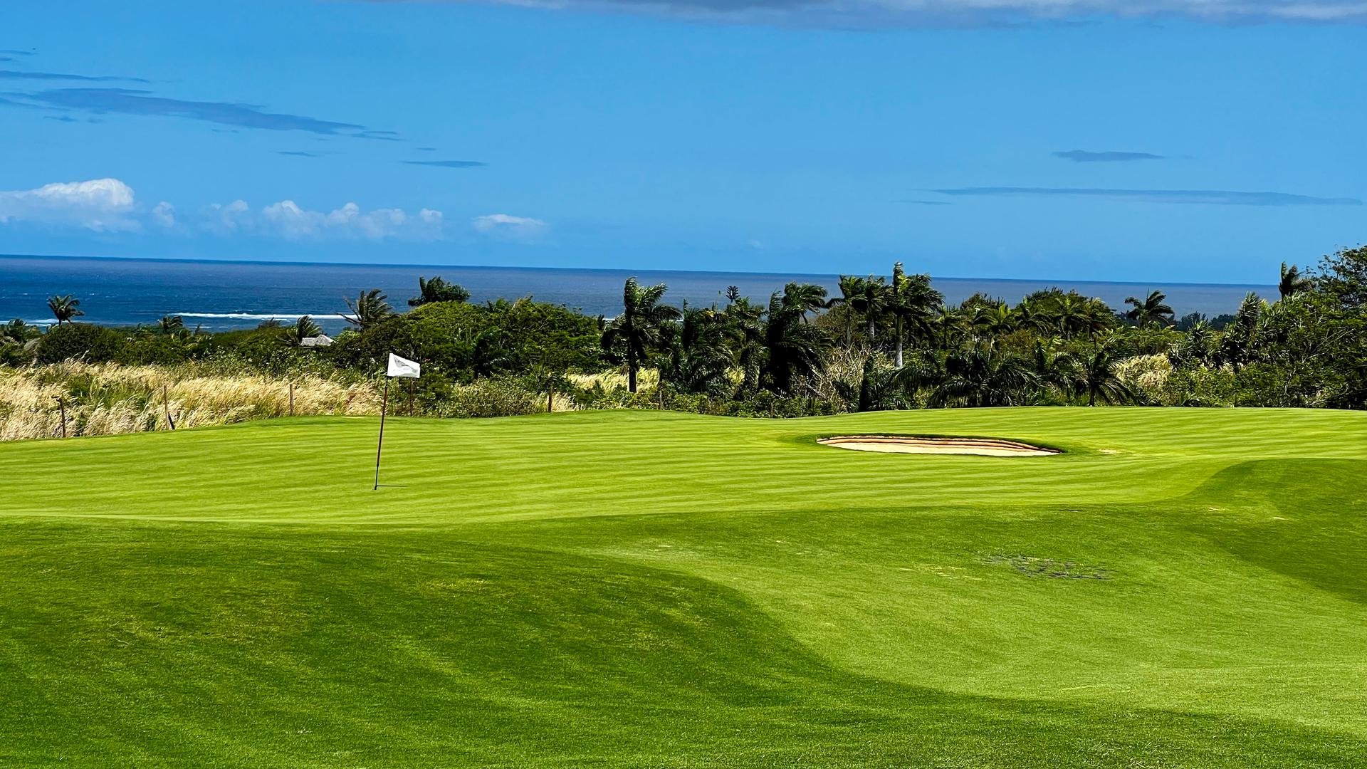 A smooth green with a sand bunker nestled