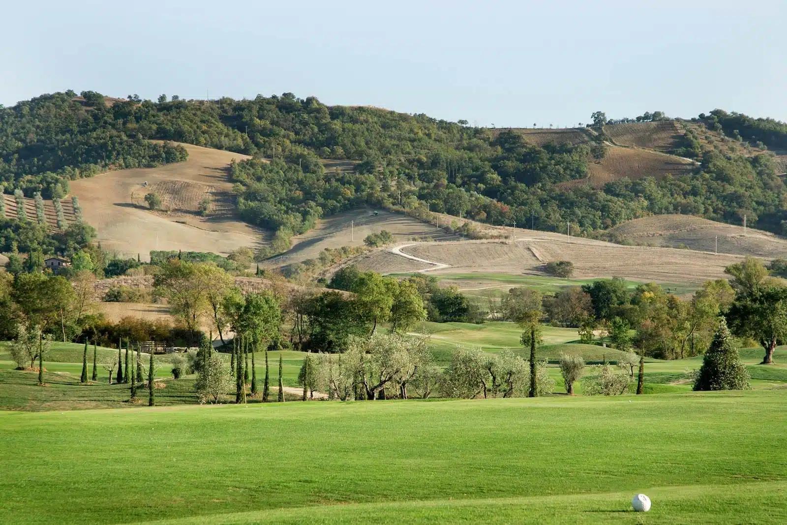A well maintained fairway with distant mountain views
