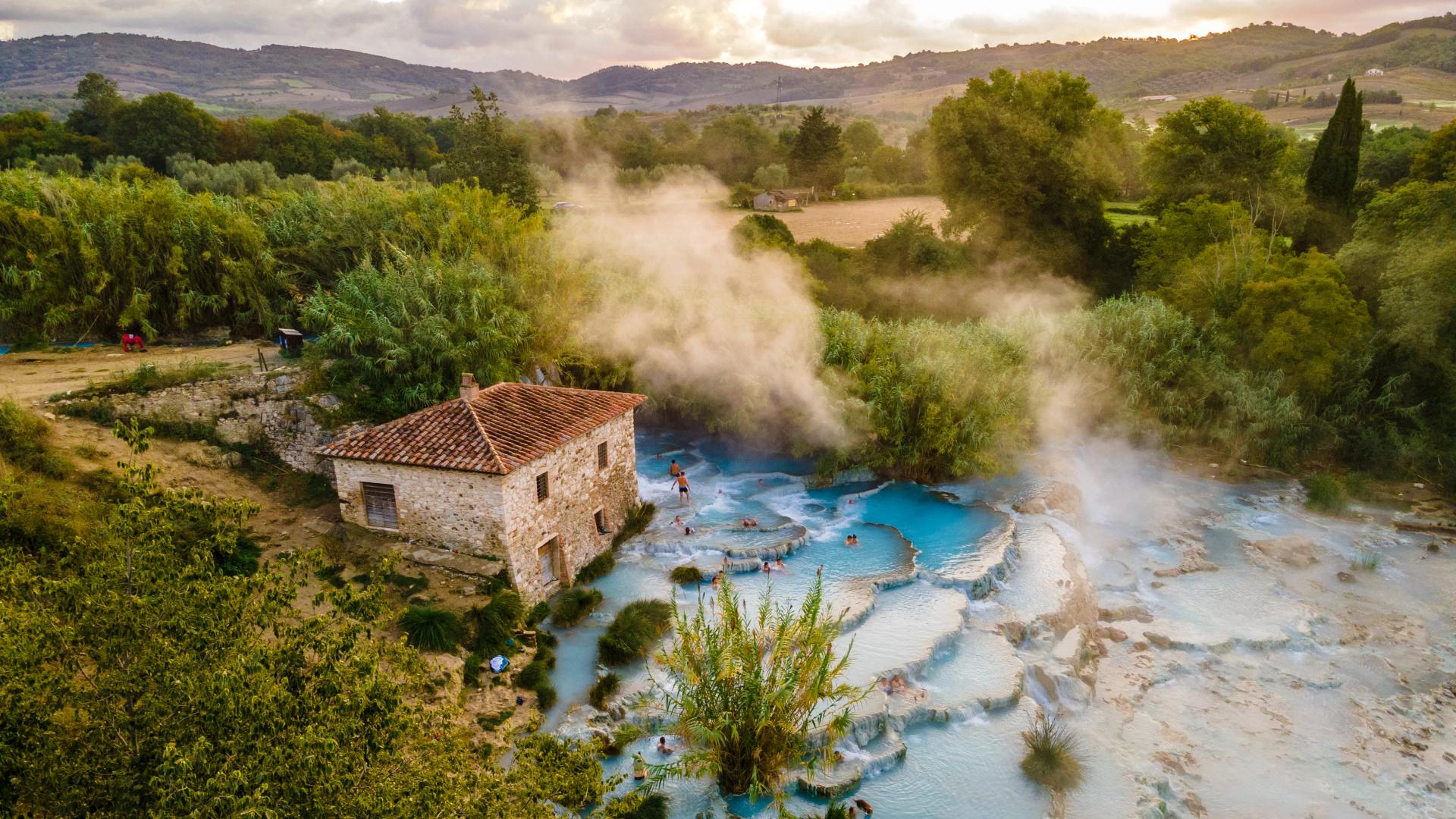 Overhead view of a heated pool outside