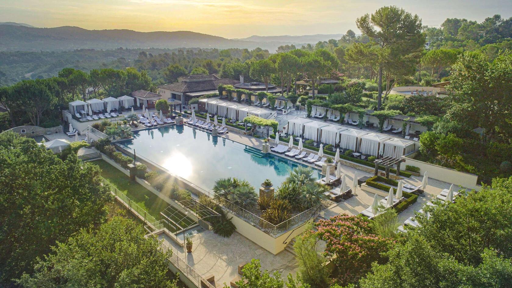 Overhead view of the outdoor swimming pool at Terre Blanche Hotel Spa Golf Resort