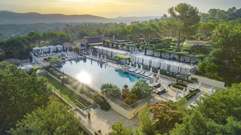 Overhead view of the outdoor swimming pool at Terre Blanche Hotel Spa Golf Resort