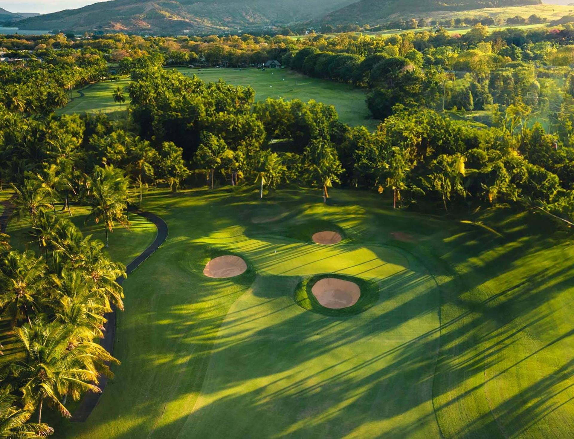 Overhead view of a smooth green surrounded by sand bunkers