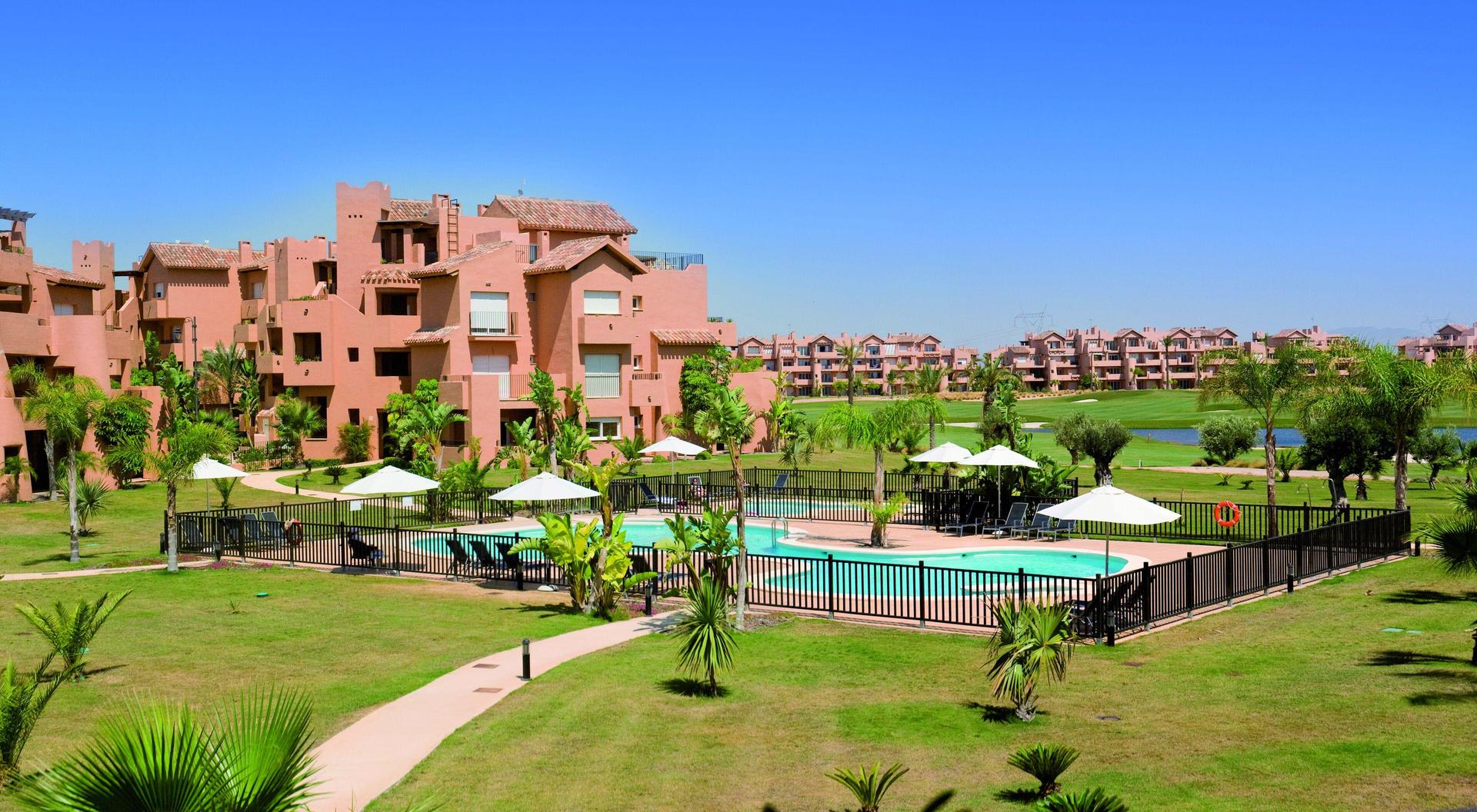 Overhead view of the The Residences at Mar Menor building and outdoor pool