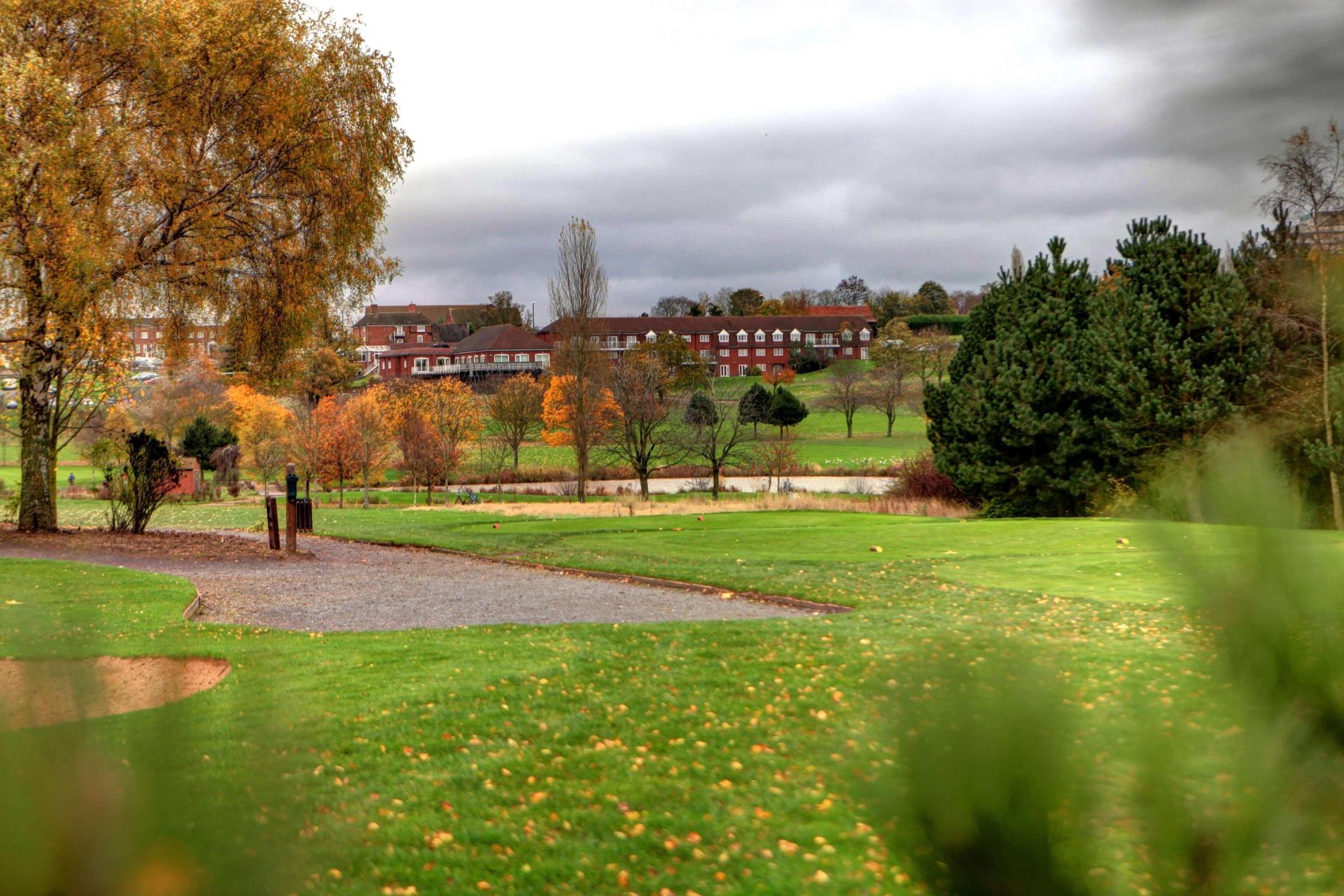 Panoramic view of the Windmill Village Hotel, Golf Club & Spa clubhouse overlooking the course