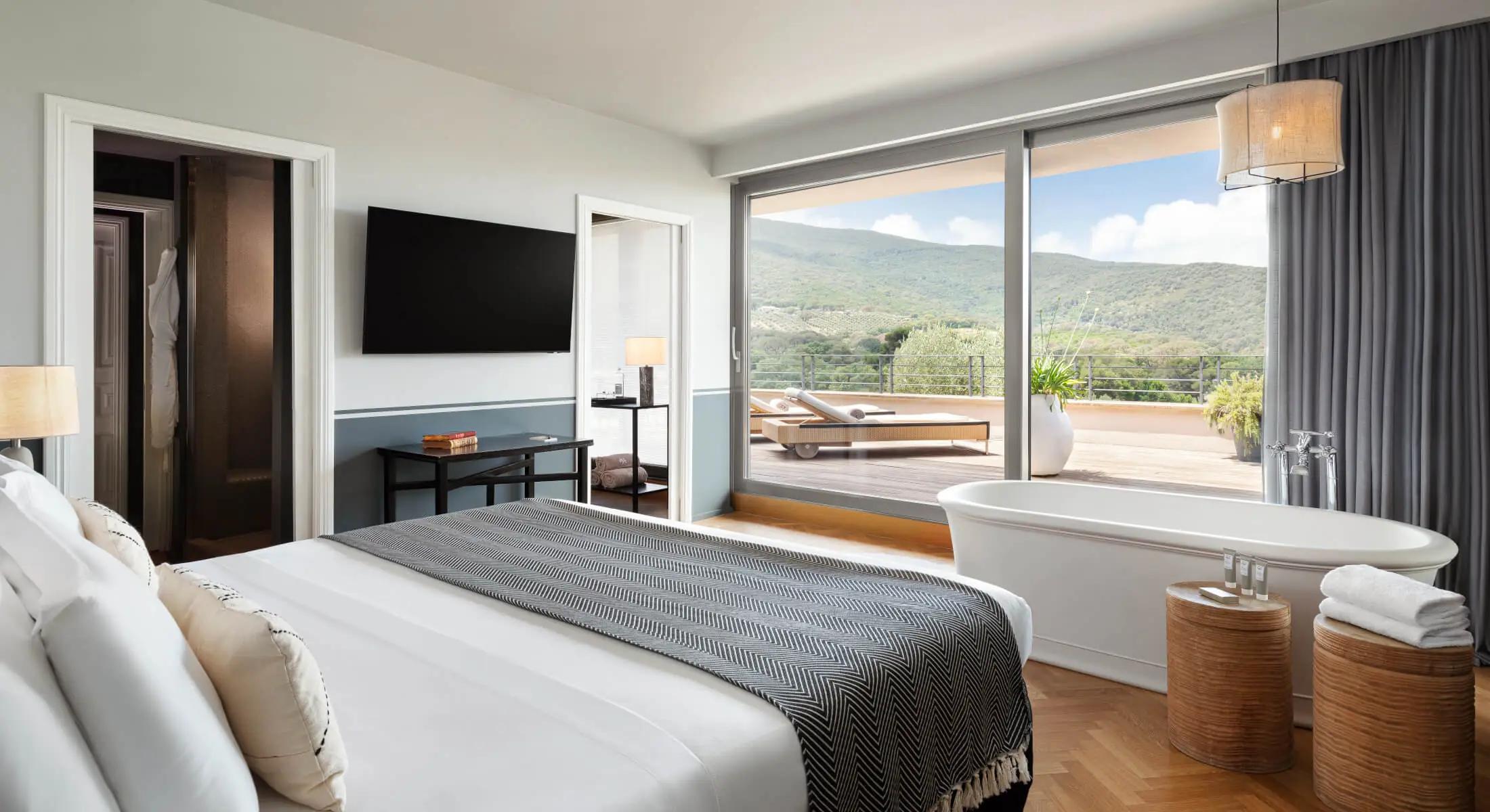 Luxurious double bed suite with a patio space