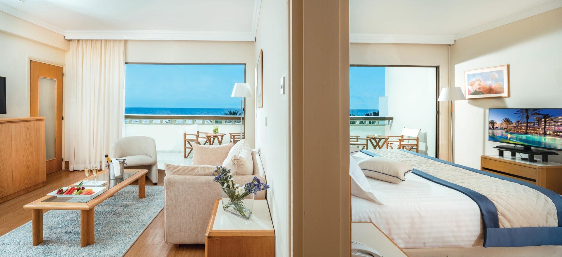 Double bed suite with separate living room and patio space