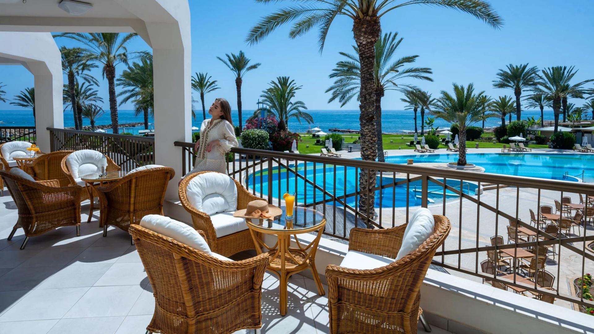 Balcony views with dining at Athena Beach