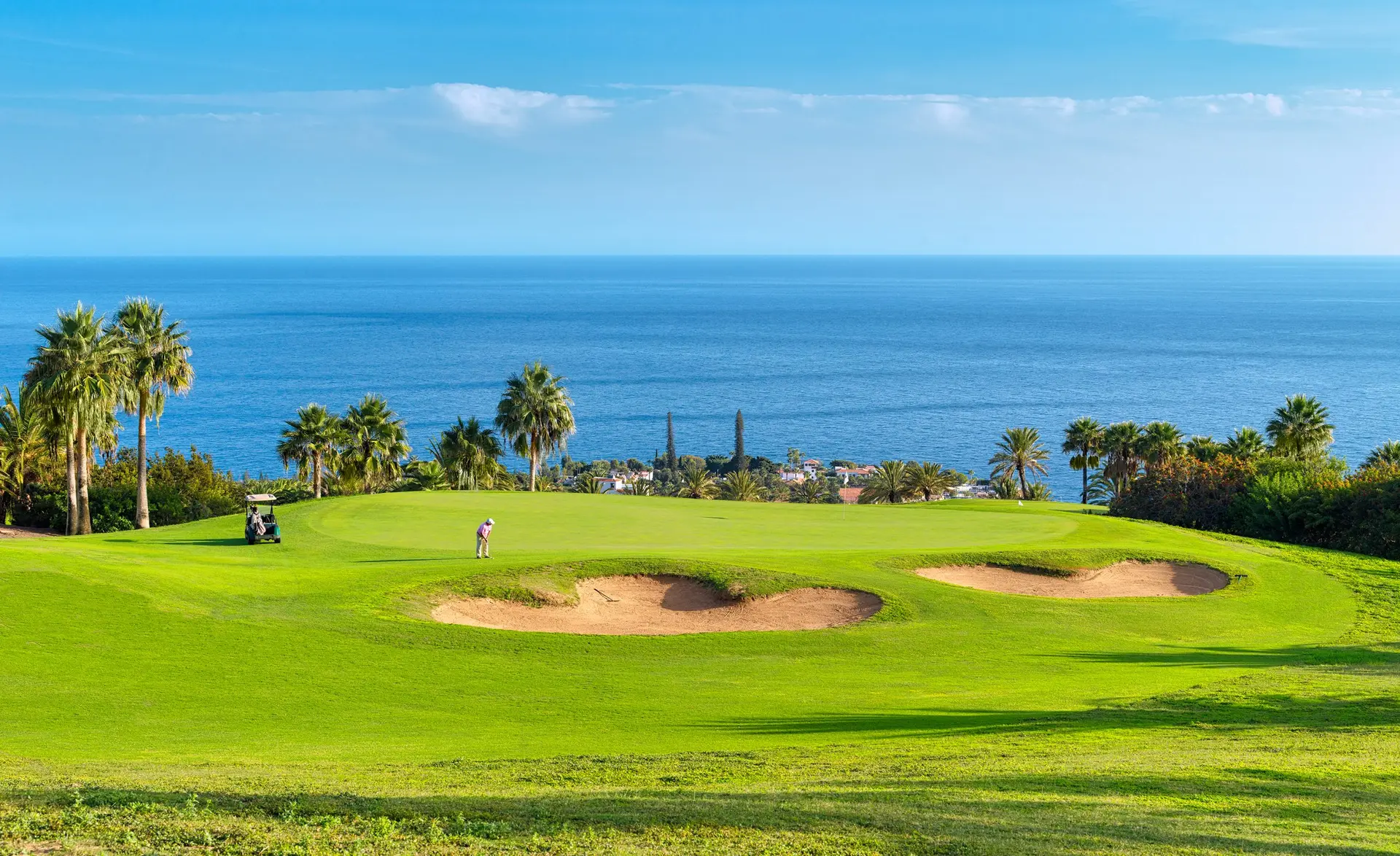 A smooth green with coastal views surrounded by sand bunkers