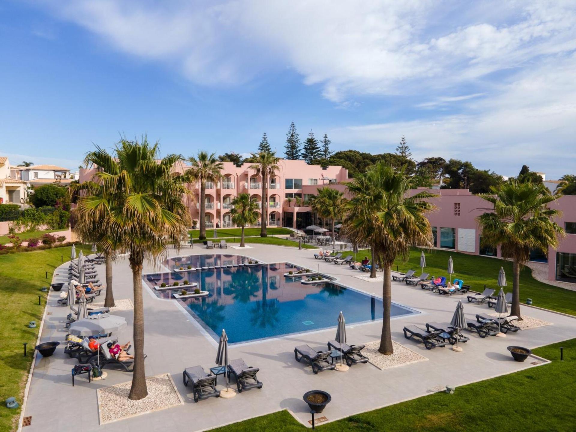 Outdoor swimming pool surrounded by palm trees