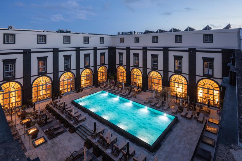 Overhead view of the Hotel Vila Gale Sao Miguel Azores building overlooking the outdoor pool