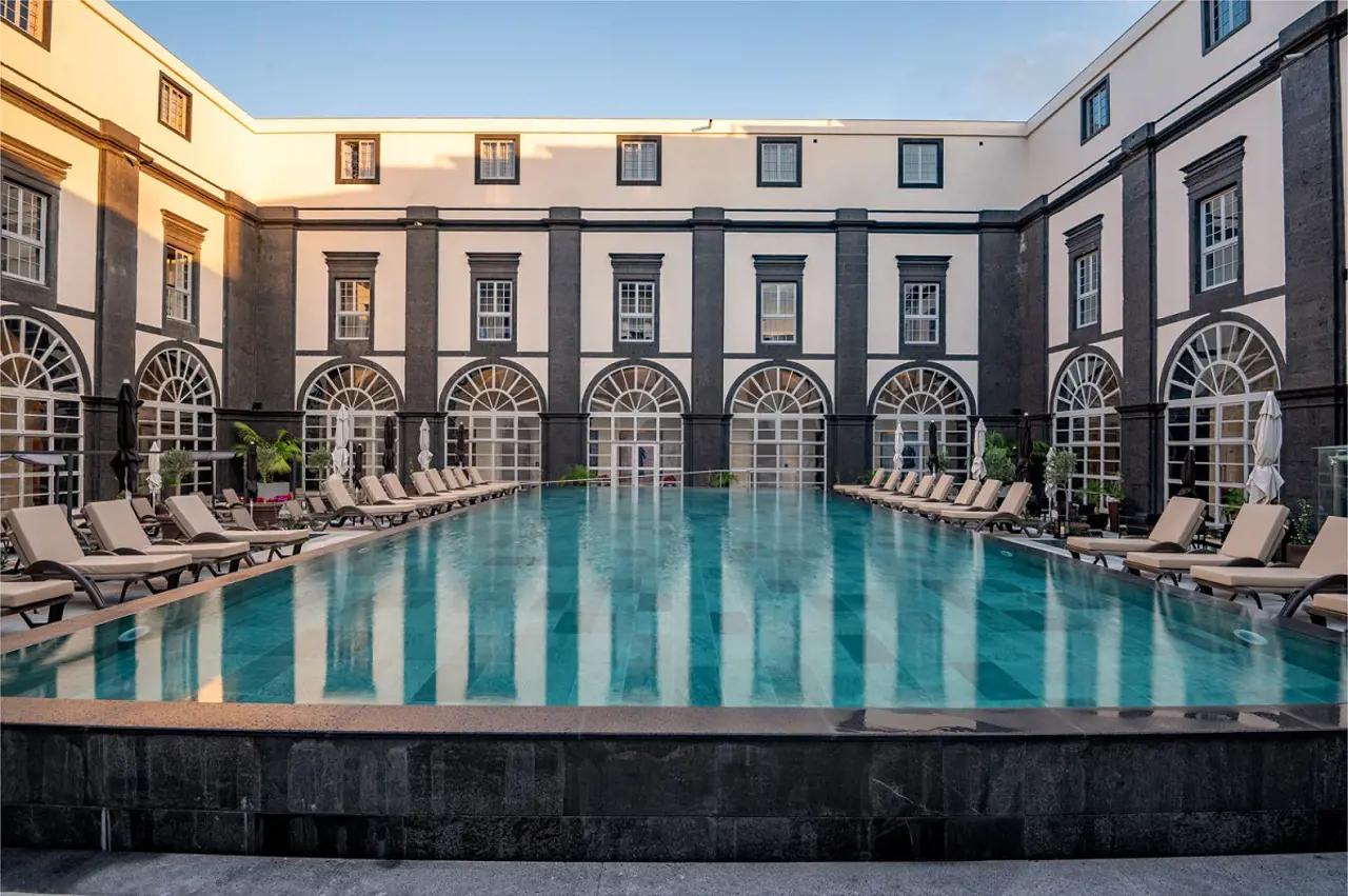 Panoramic view of the outdoor swimming pool at Hotel Vila Gale Sao Miguel Azores