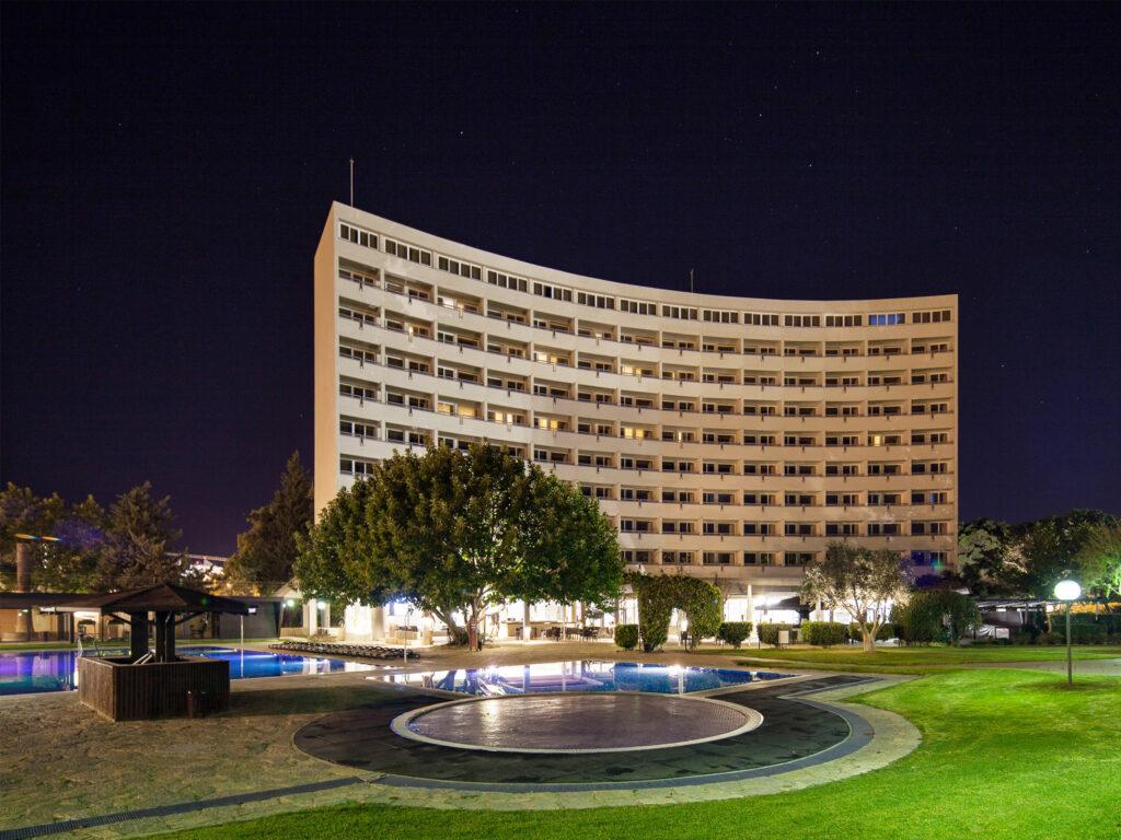 Panoramic view of the Hyatt Regency Vilamoura Algarve building at night