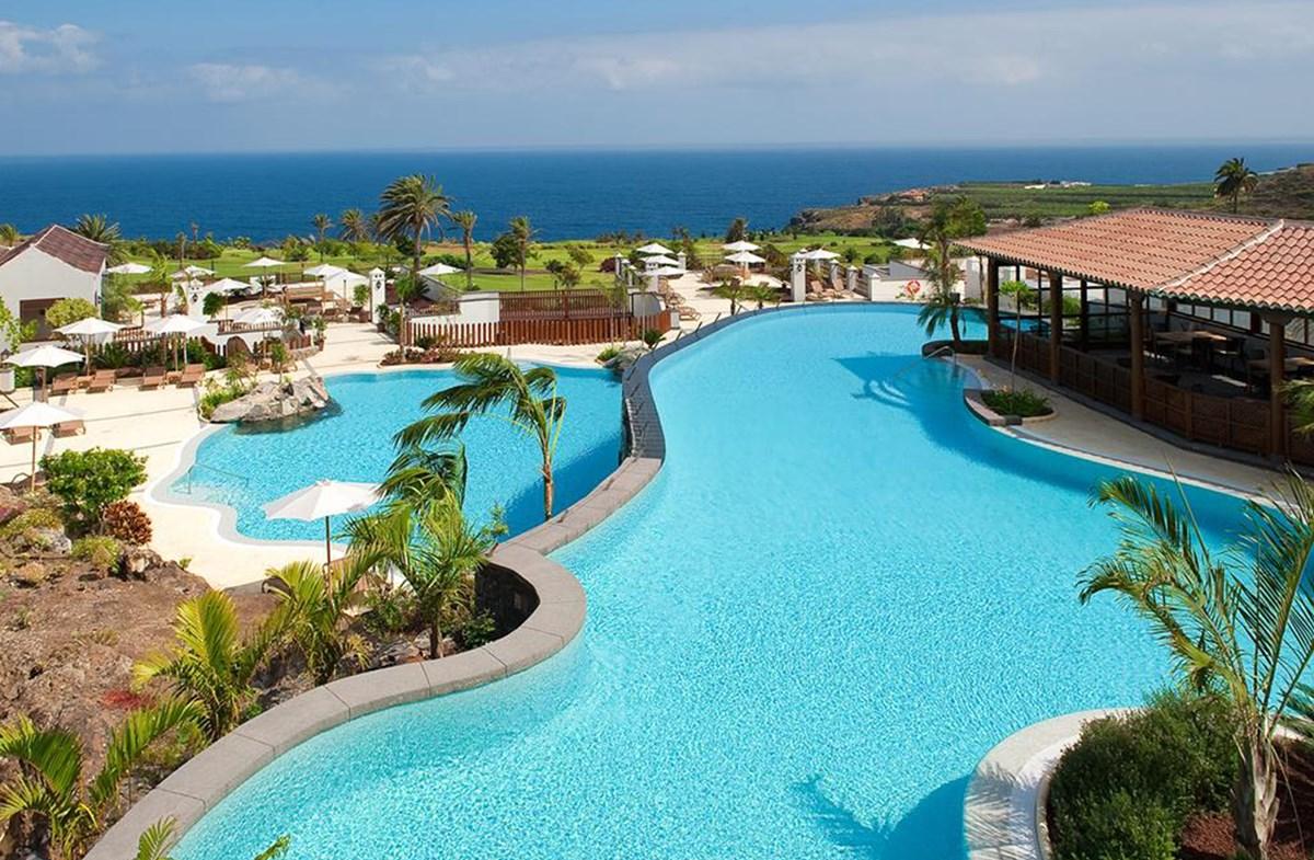 Overhead view of the outdoor pool at Melia Hacienda Del Conde