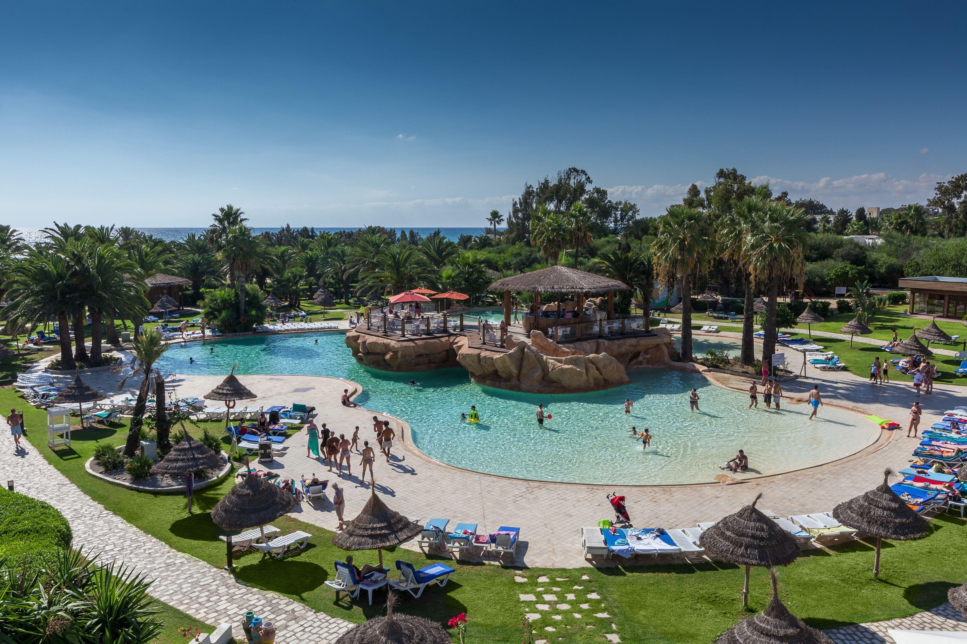 Overhead view of the outdoor swimming pool at Phenicia Hotel