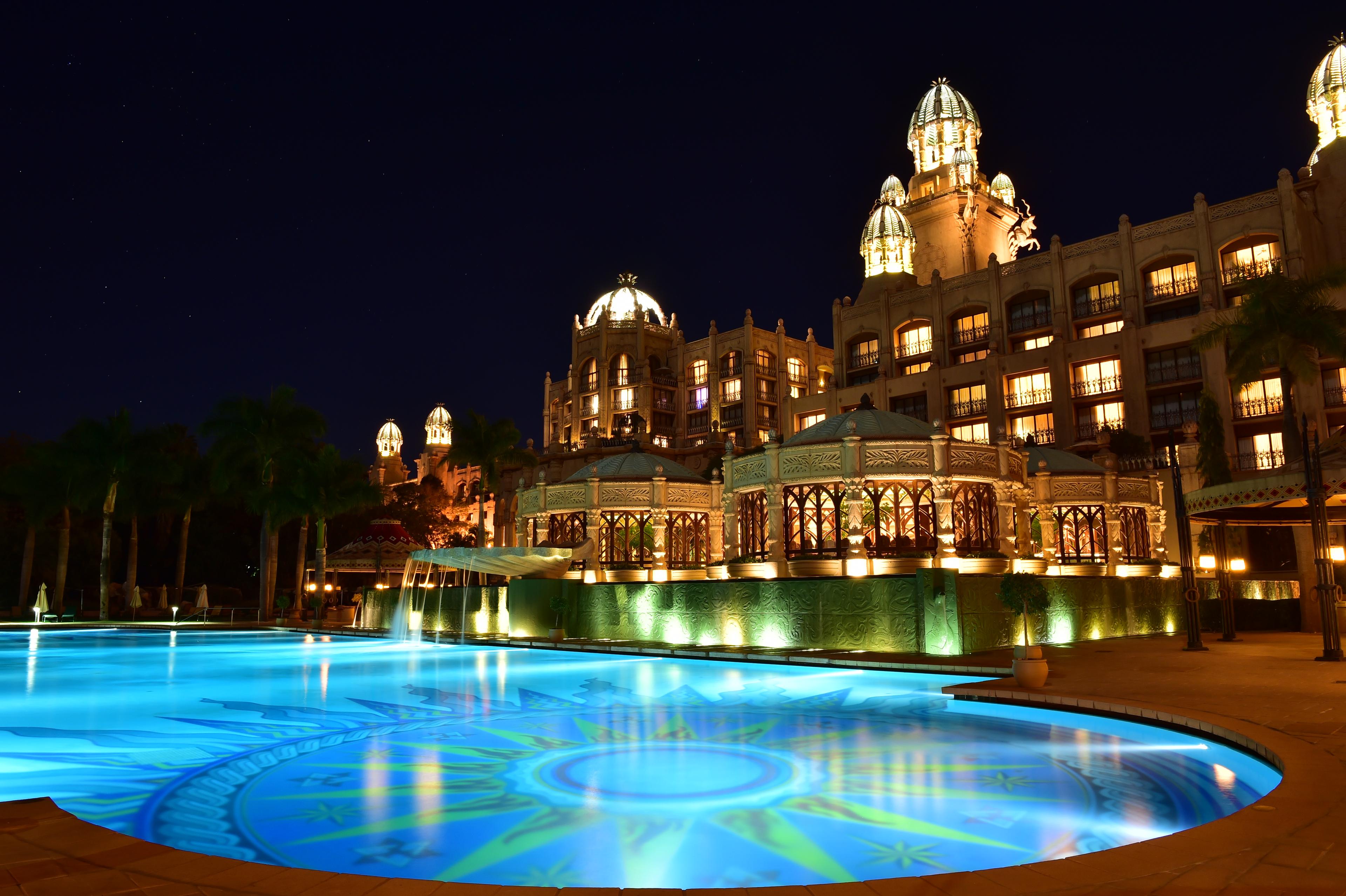 Panoramic view of the Sun City Resort, The Palace of the Lost City building overlooking the outdoor pool