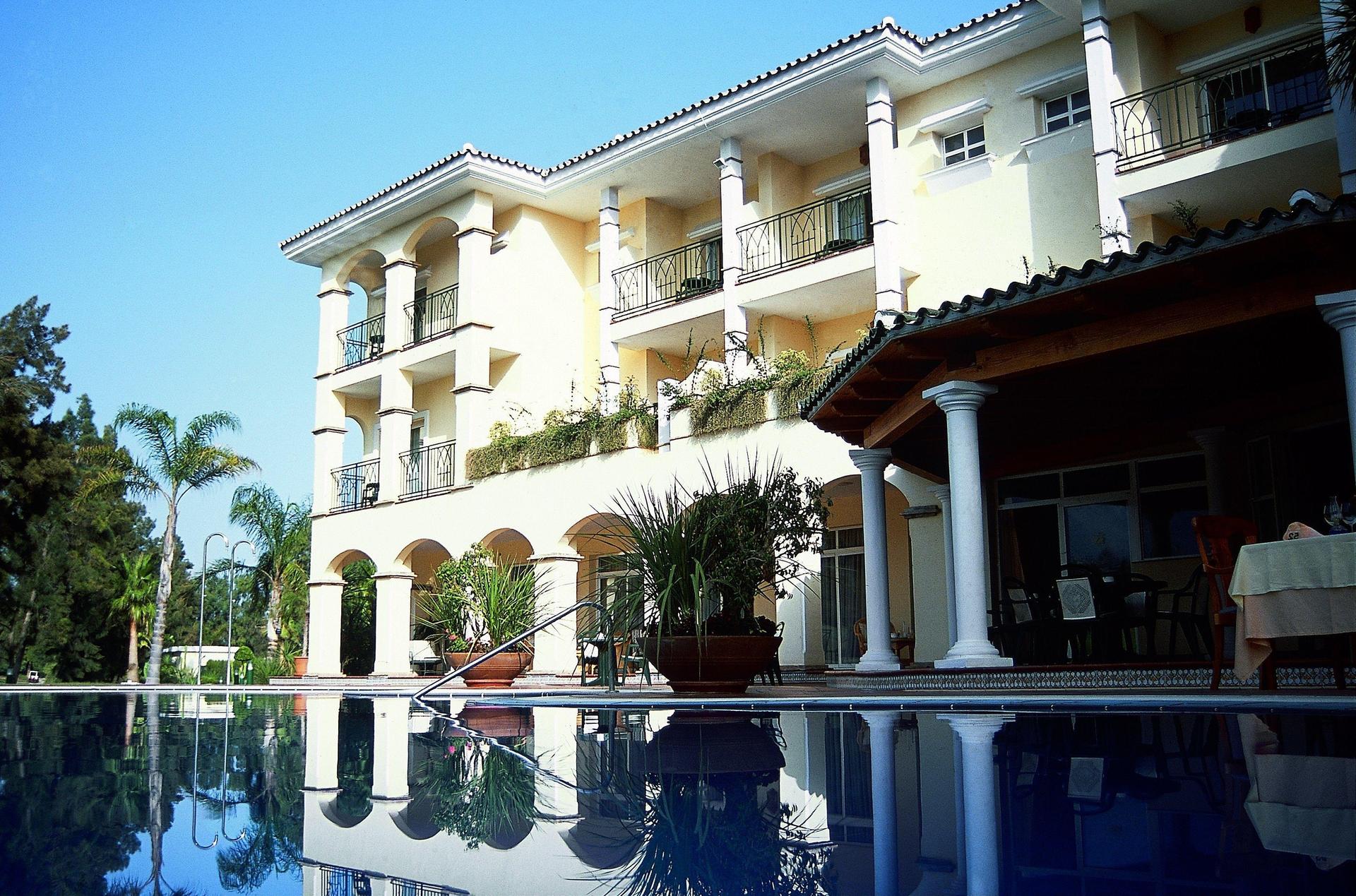 Panoramic view of the Tamisa Golf Hotel overlooking the outdoor pool