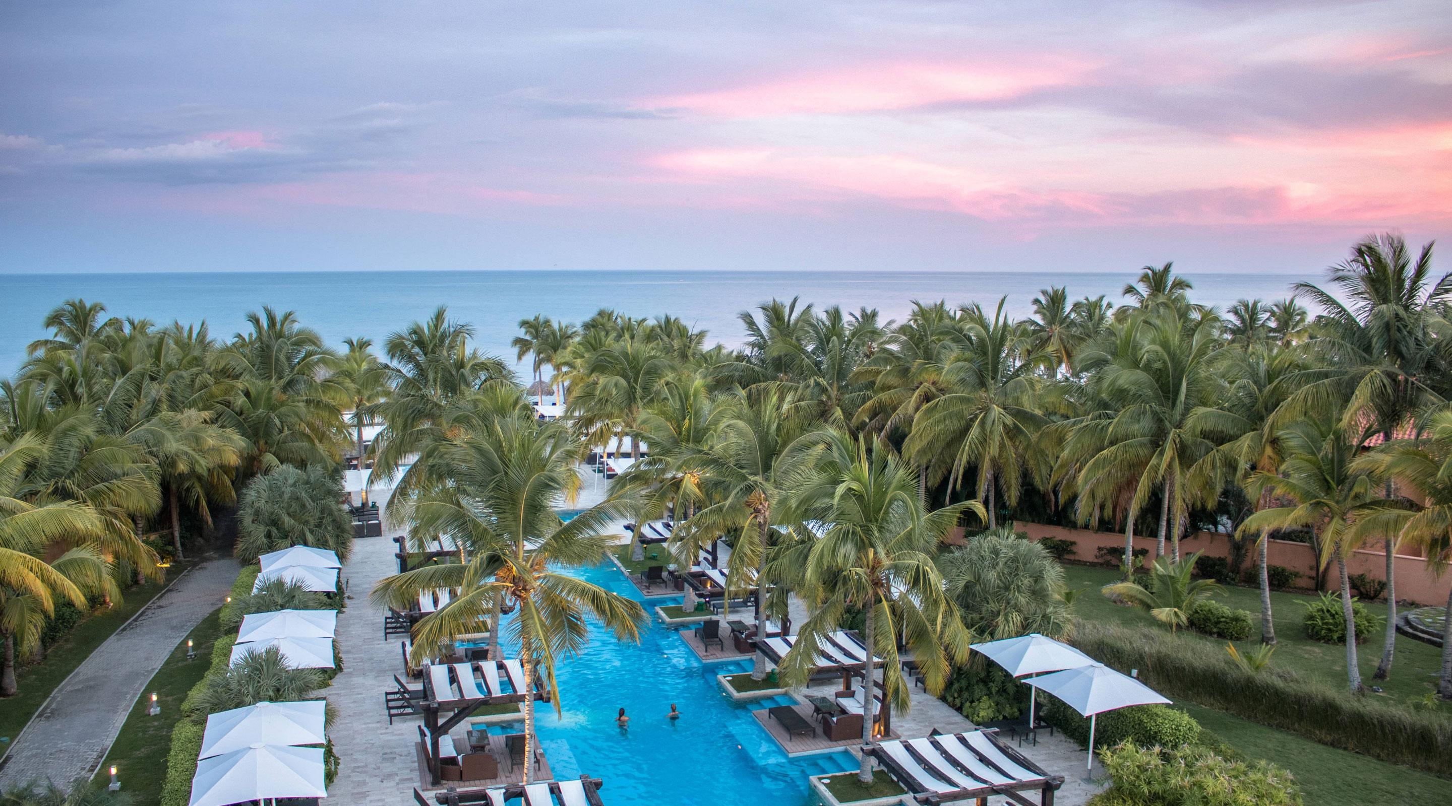 Overhead view of the outdoor swimming pool at The Buenaventura Golf & Beach Resort Panama