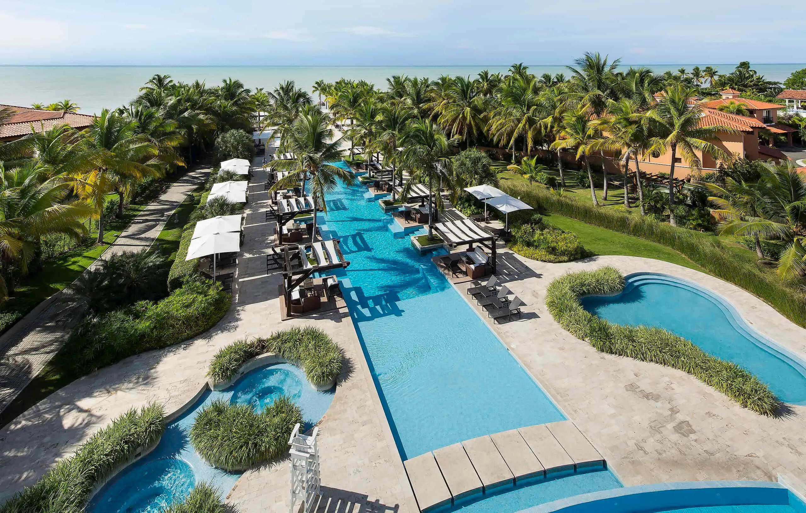 Overhead view of the outdoor swimming pool at The Buenaventura Golf & Beach Resort Panama