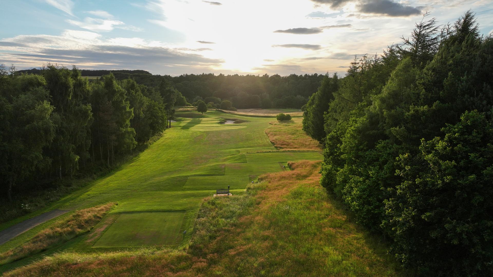 Overhead view of the tee box at SCHLOSS Roxburghe leading to a well maintained fairway