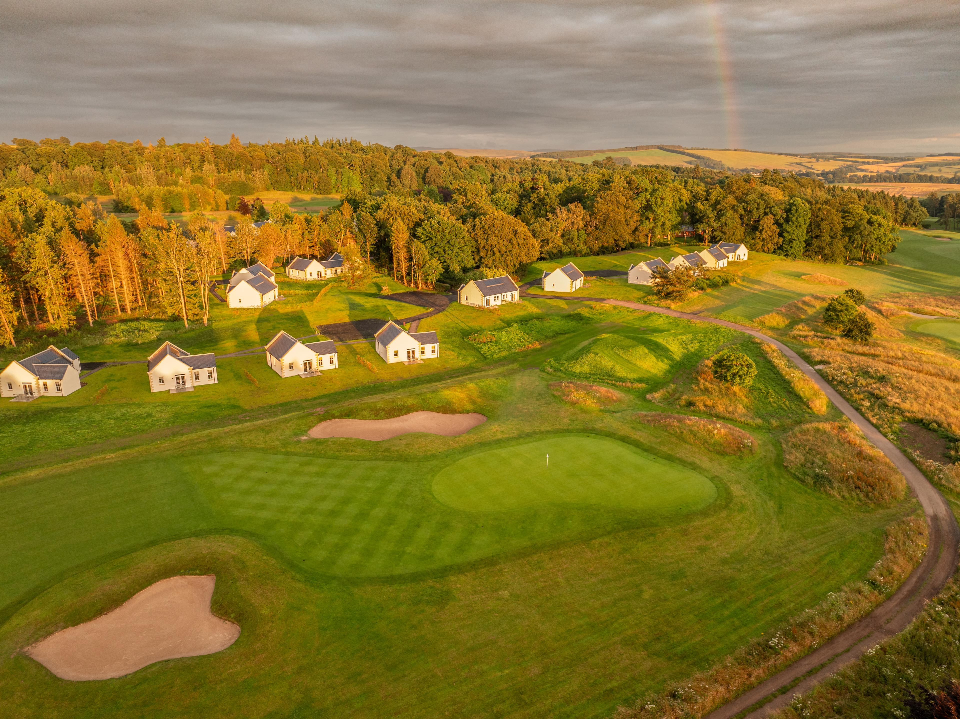 Overhead view of cottages surrounding the golf course at SCHLOSS Roxburghe
