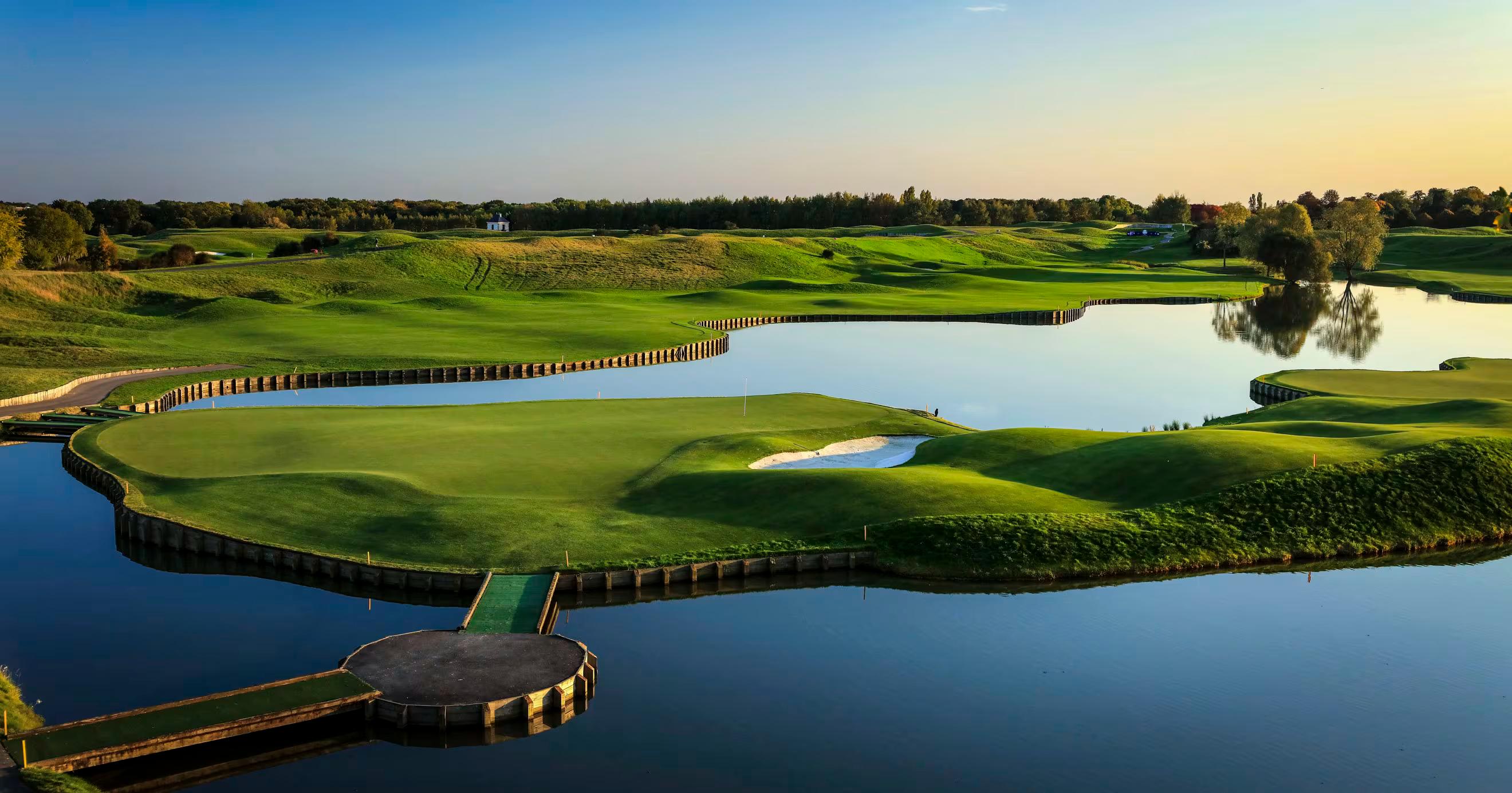 Overhead view of an island green nestled with a sand bunker