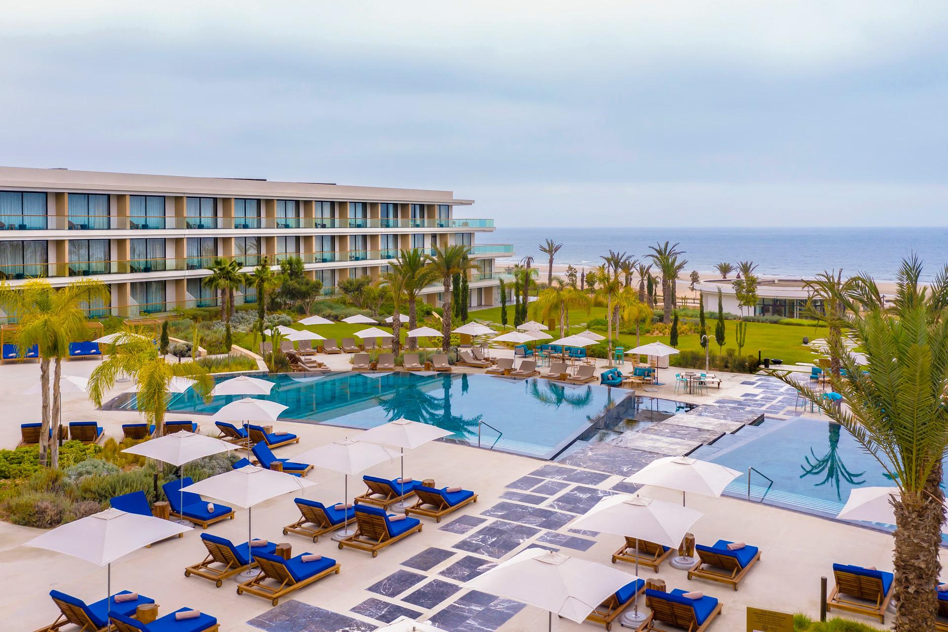 Overhead view of the outdoor swimming pool at Hyatt Regency Taghazout Bay