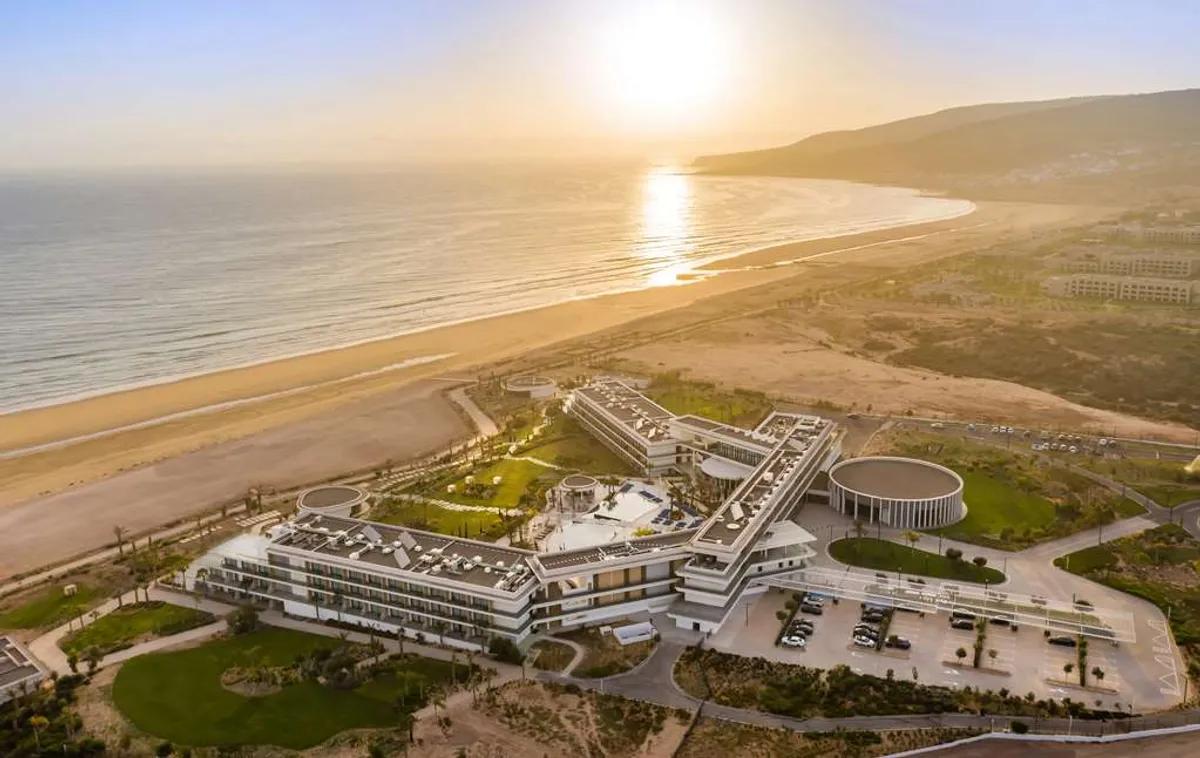 Aerial view of the sun shining on Hyatt Regency Taghazout Bay