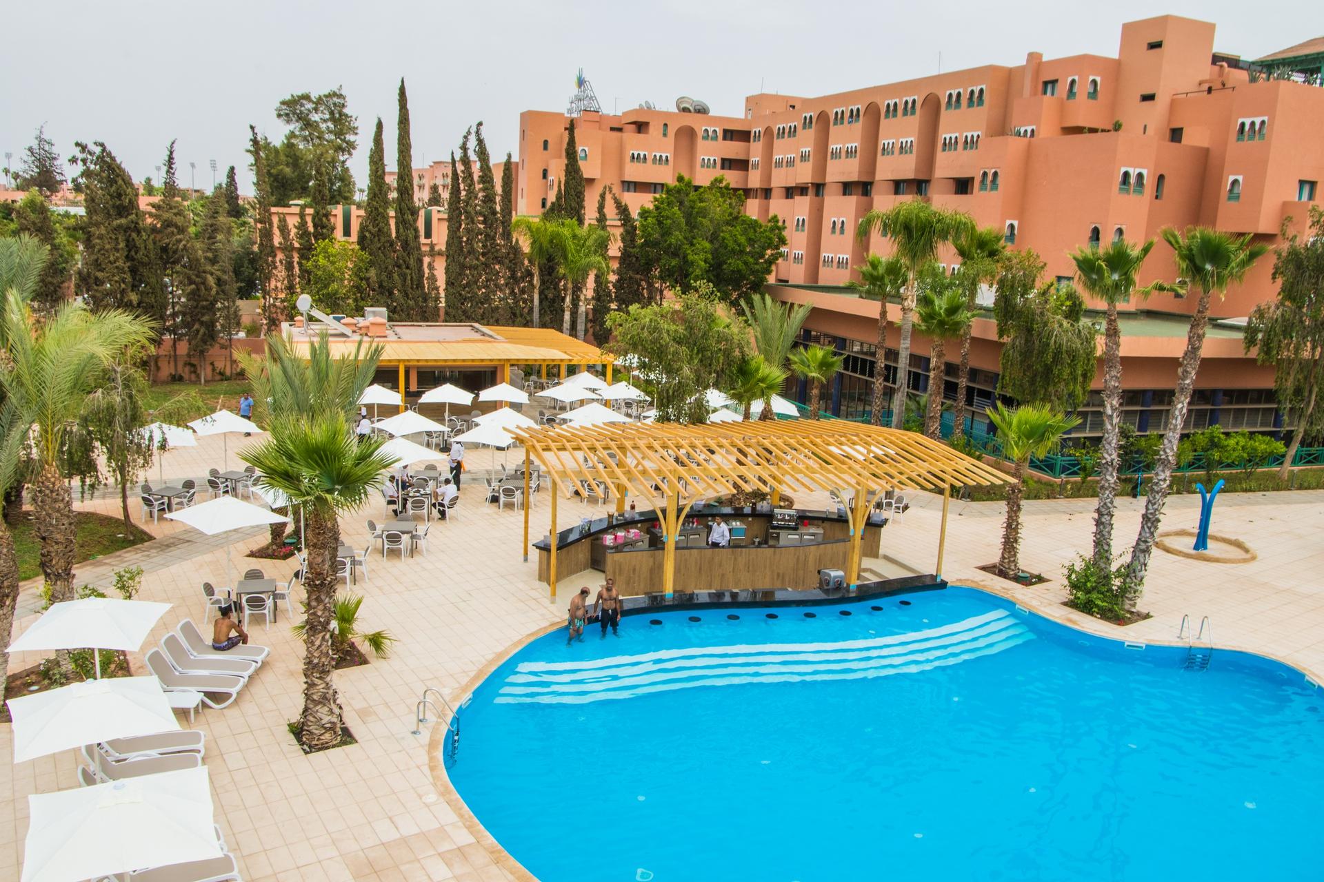 Overhead view of Labranda Rose and Aqua Parc Hotel overlooking the outdoor pool