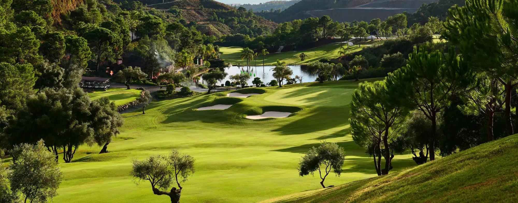 A well maintained fairway nestled with sand bunkers at Puente Romano Beach Resort