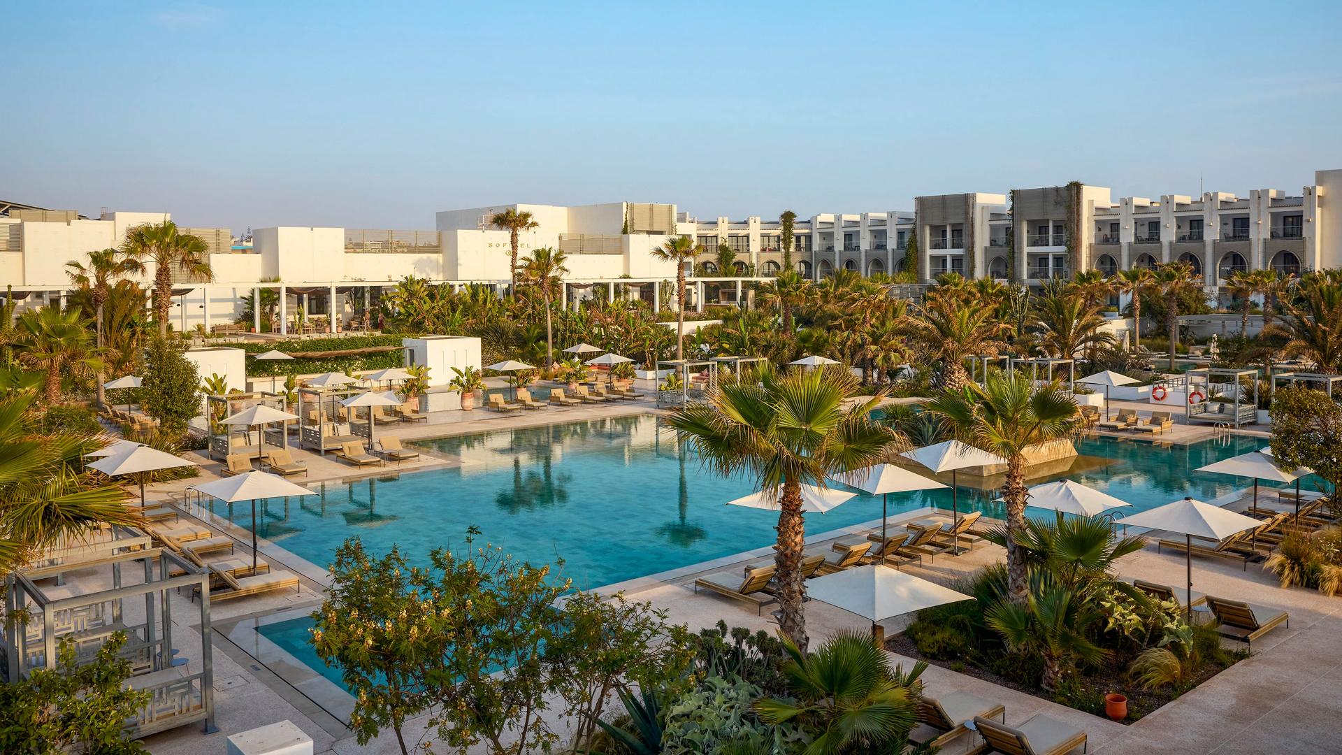 Overhead view of the Sofitel Agadir Thalassa Sea & Spa building overlooking the outdoor pool
