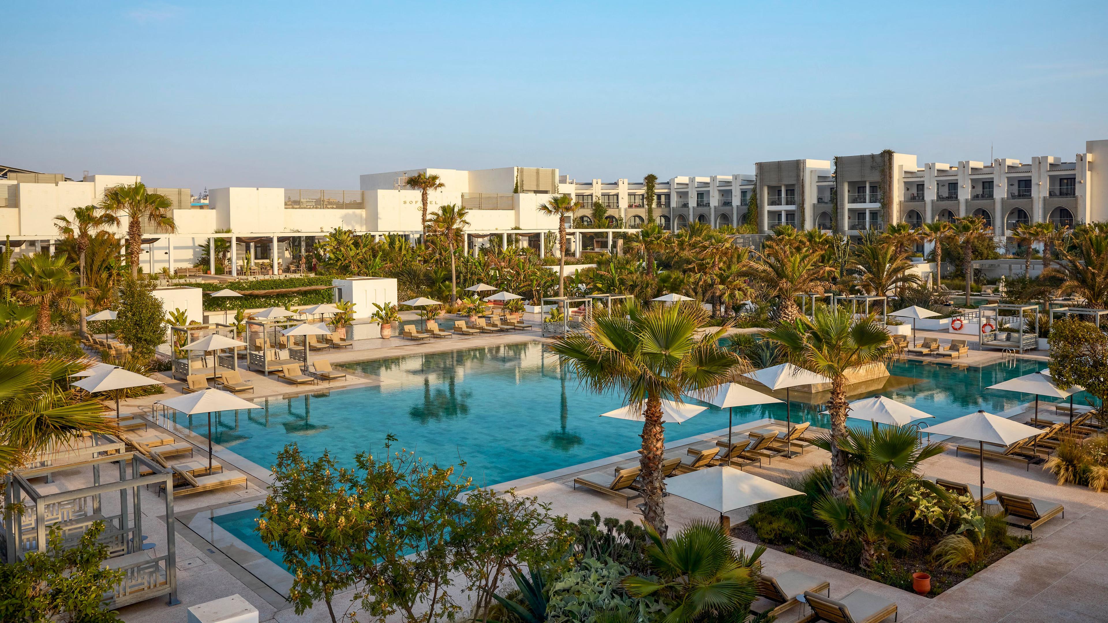 Overhead view of the Sofitel Agadir Thalassa Sea & Spa building overlooking the outdoor pool