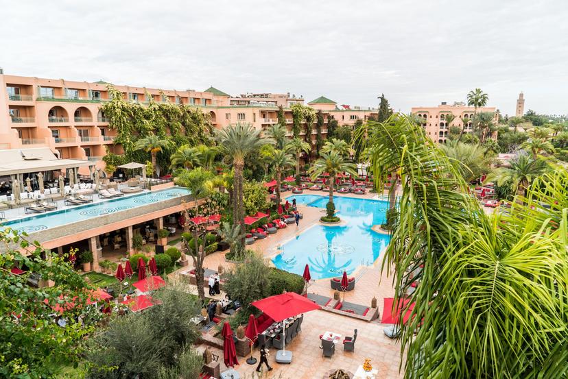 Overhead view of the outdoor swimming pool at Sofitel Marrakech Palais Imperial & Spa