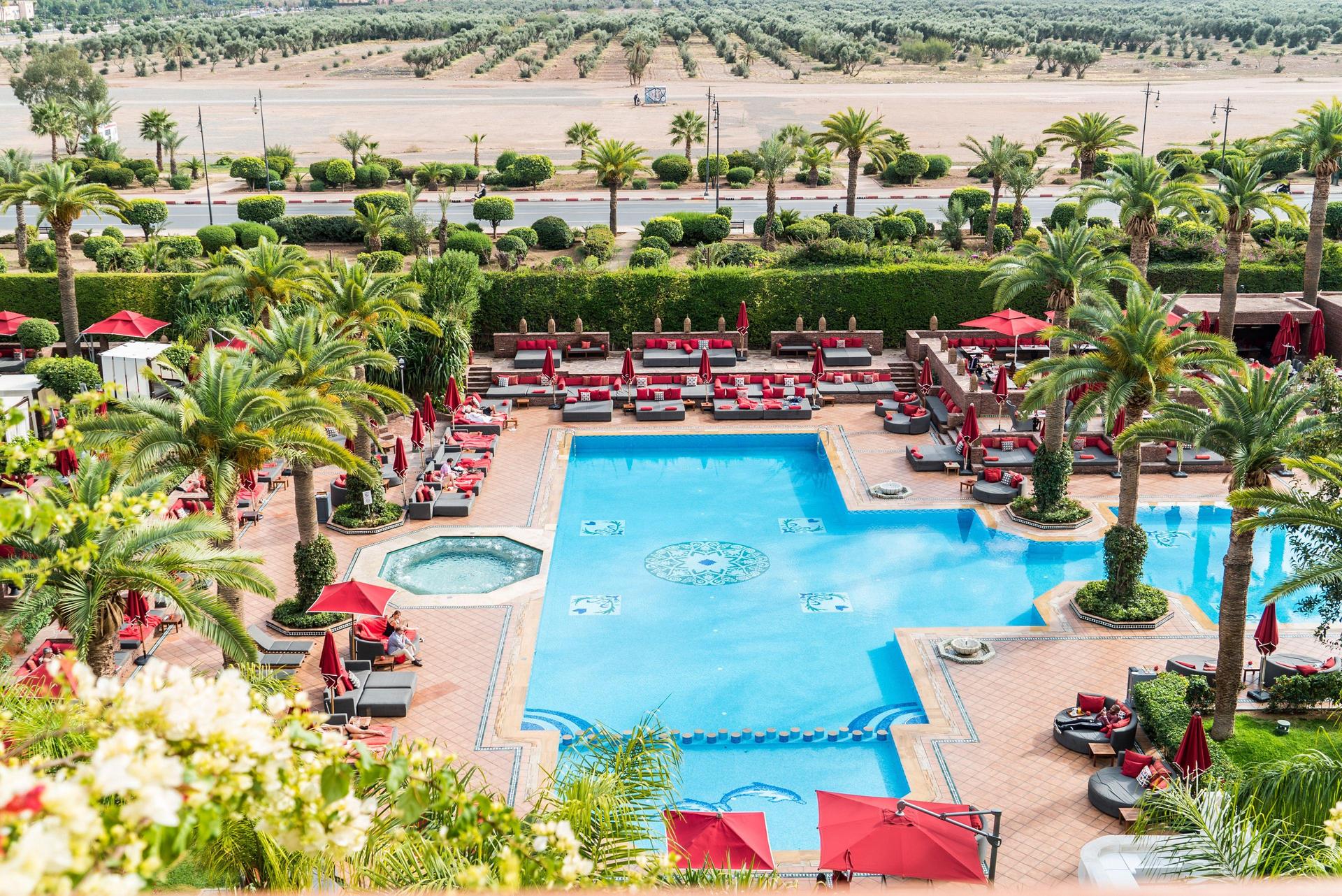Overhead view of the outdoor swimming pool at Sofitel Marrakech Palais Imperial & Spa