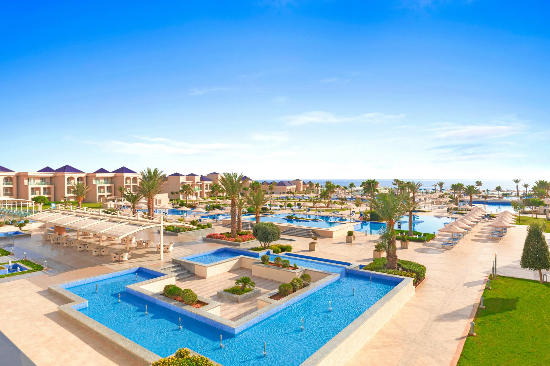 Overhead view of the pool at White Beach Resort Taghazout