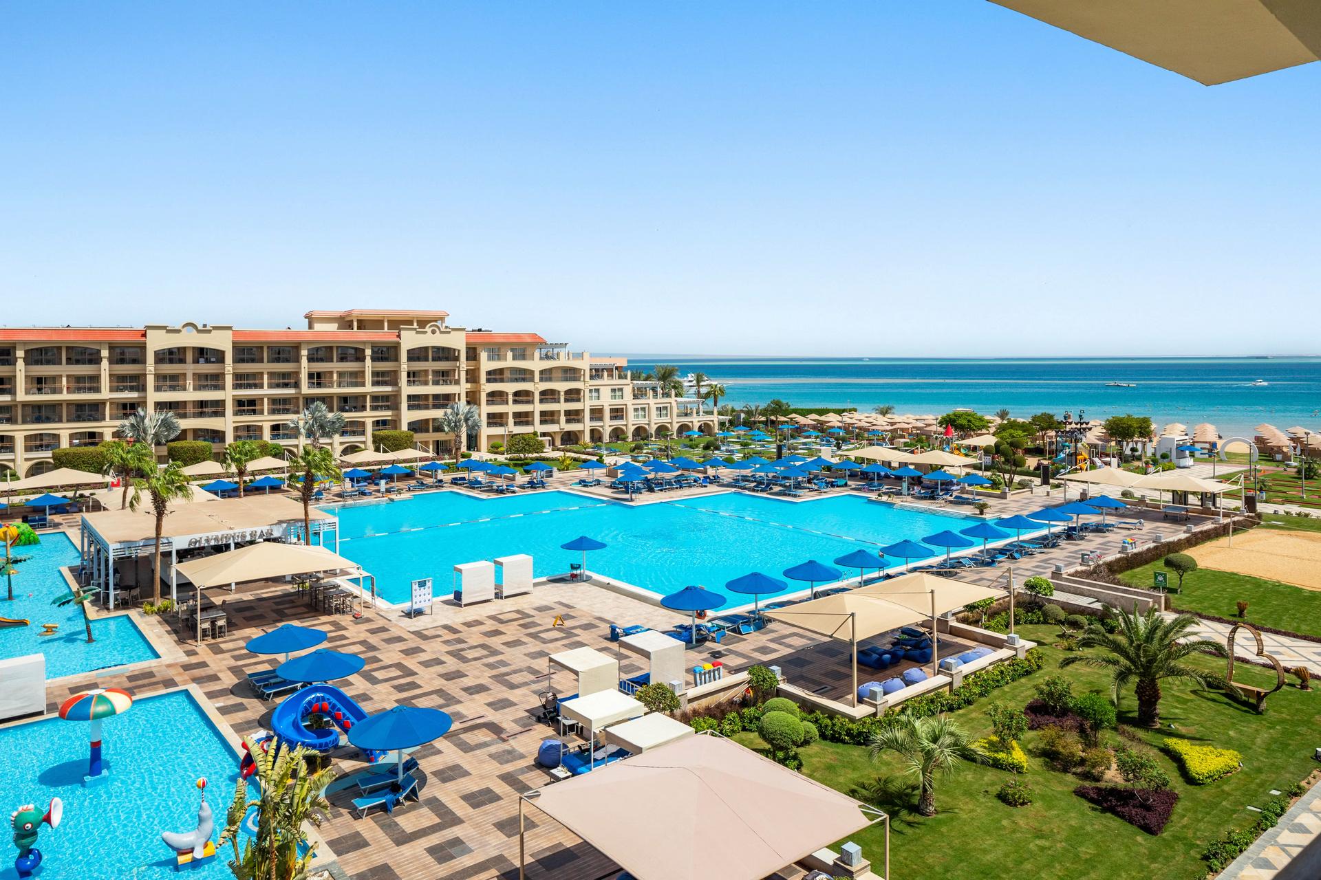 Overhead view of the outdoor swimming pool at White Beach Resort Taghazout