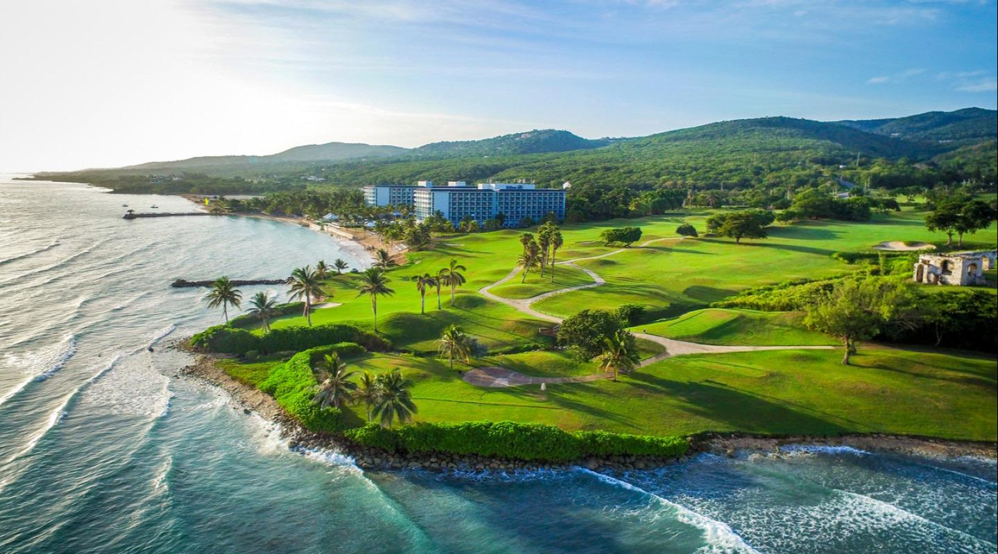 Overhead view of the o-site golf at Hilton Rose Hall Resort & Spa