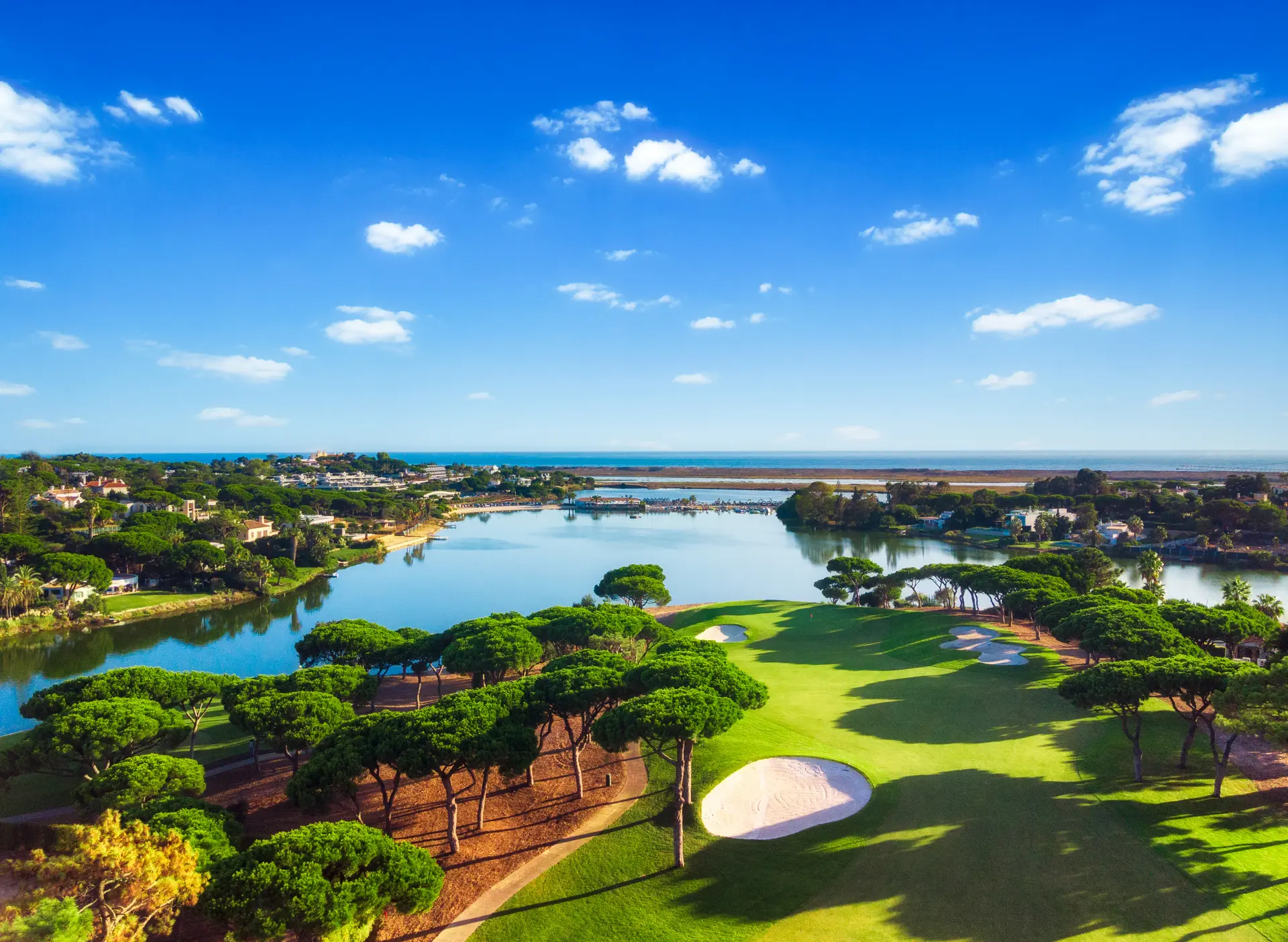 Overhead view of a smooth green surrounded by sand bunkers